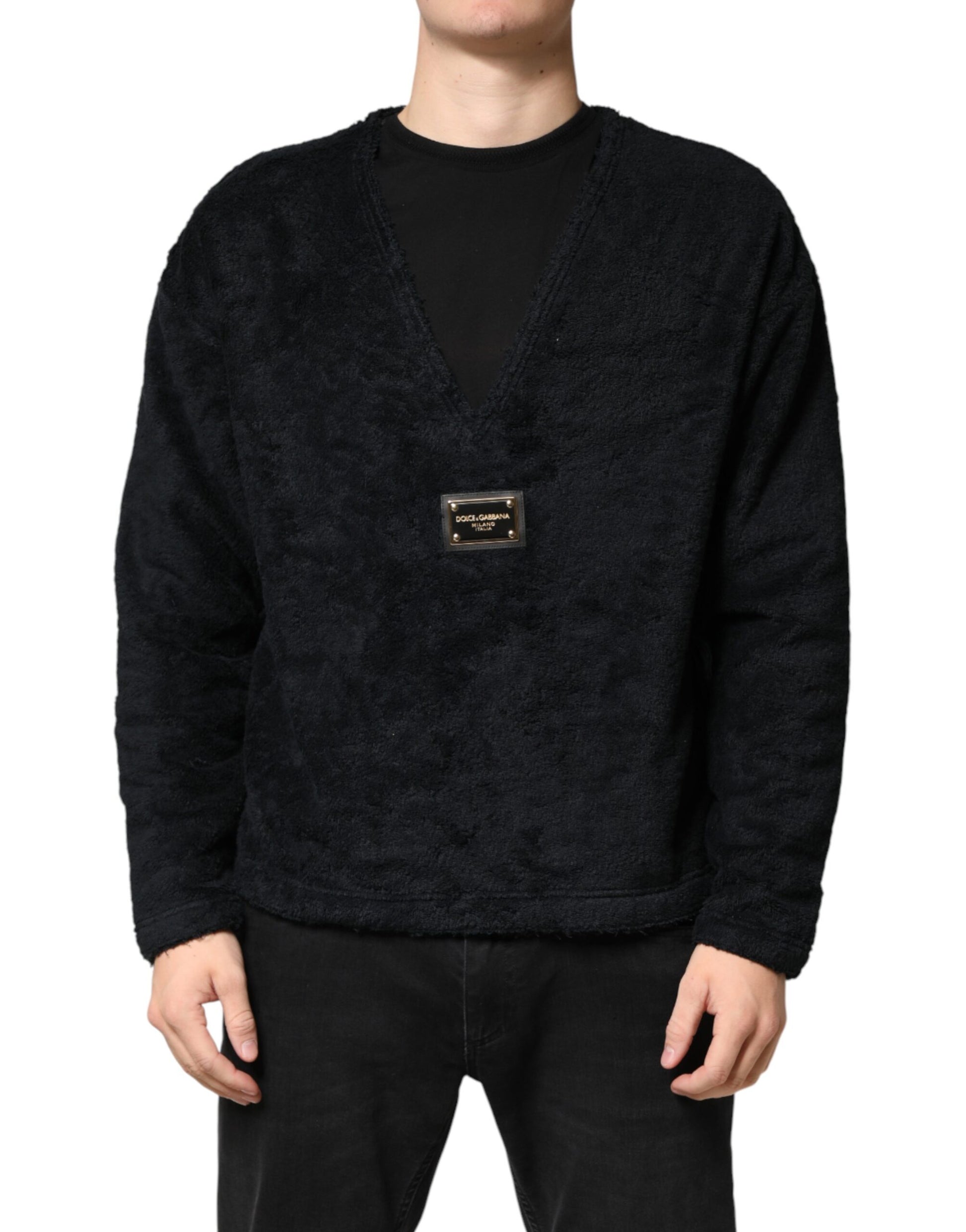 Dolce & Gabbana Black Cotton V-Neck Men Sweatshirt Sweater | Regal Royce