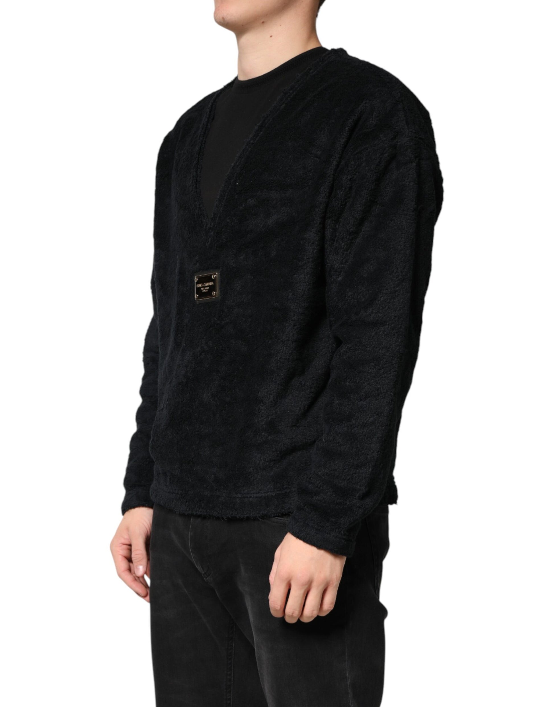 Dolce & Gabbana Black Cotton V-Neck Men Sweatshirt Sweater | Regal Royce