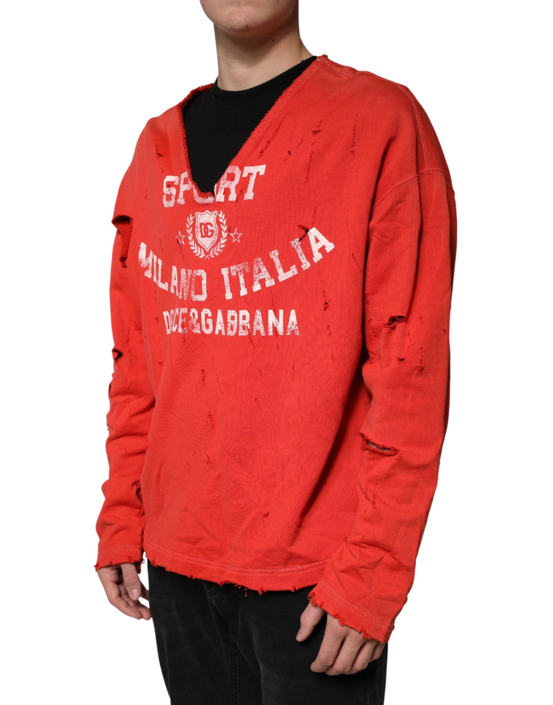 Dolce & Gabbana Red Distressed Cotton V-Neck Sweatshirt Men  Sweater | Regal Royce