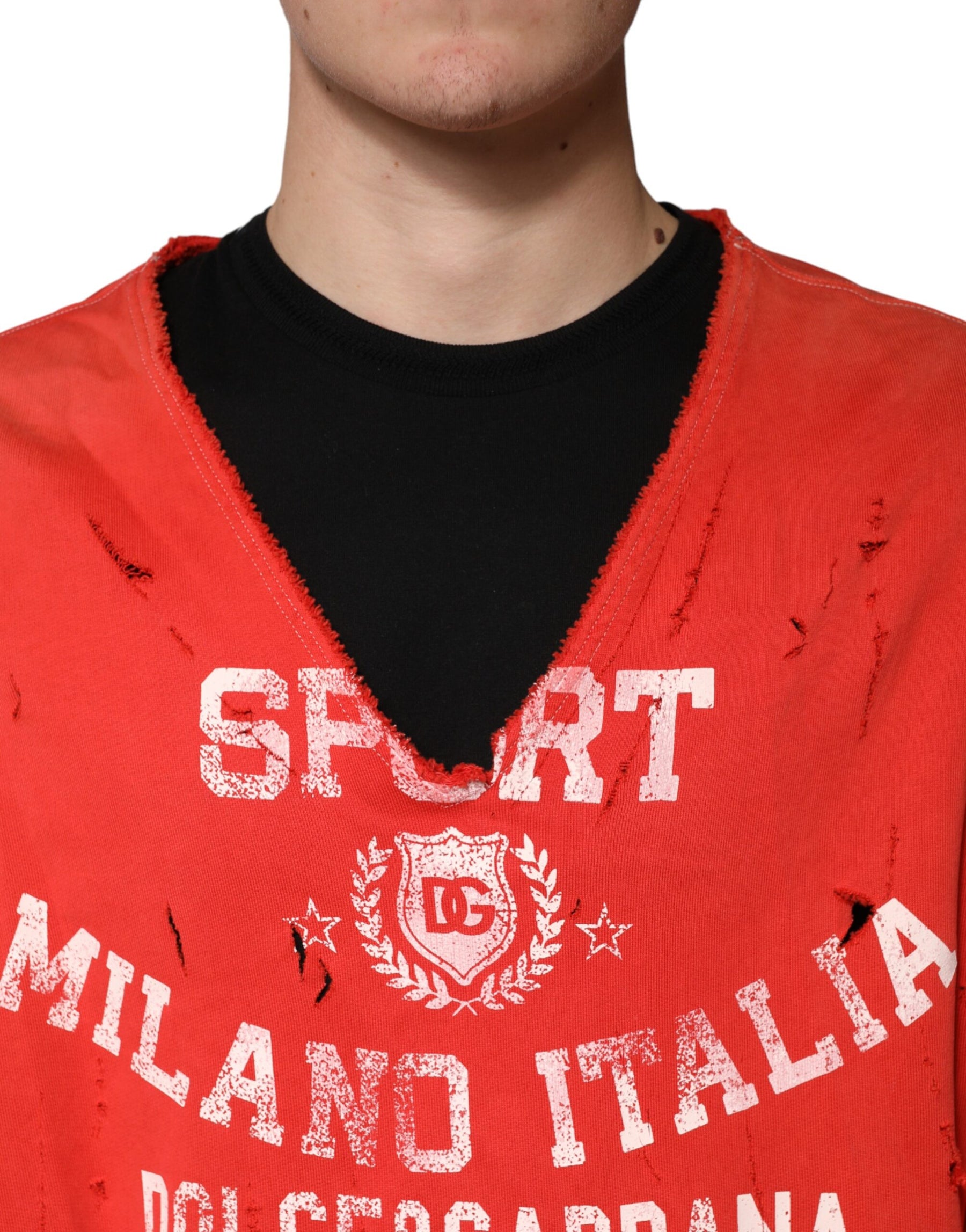 Dolce & Gabbana Red Distressed Cotton V-Neck Sweatshirt Men  Sweater | Regal Royce