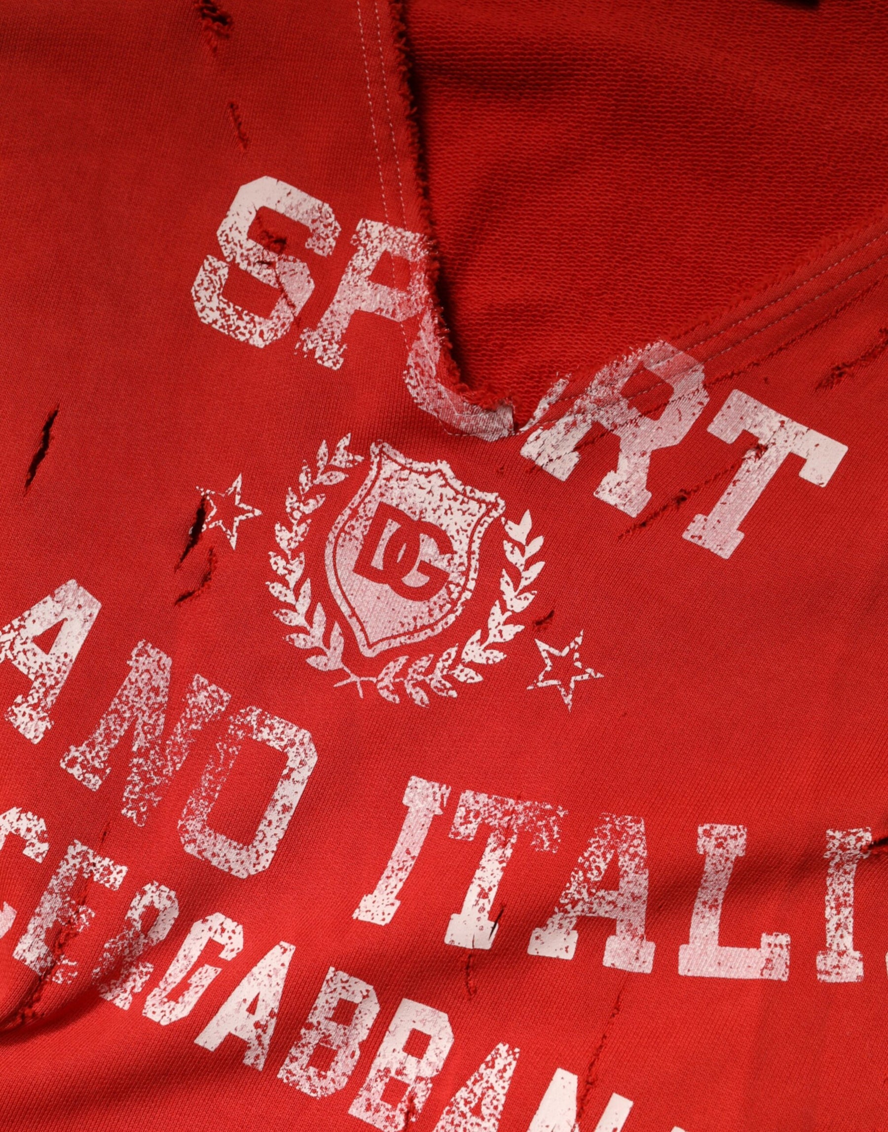 Dolce & Gabbana Red Distressed Cotton V-Neck Sweatshirt Men  Sweater | Regal Royce