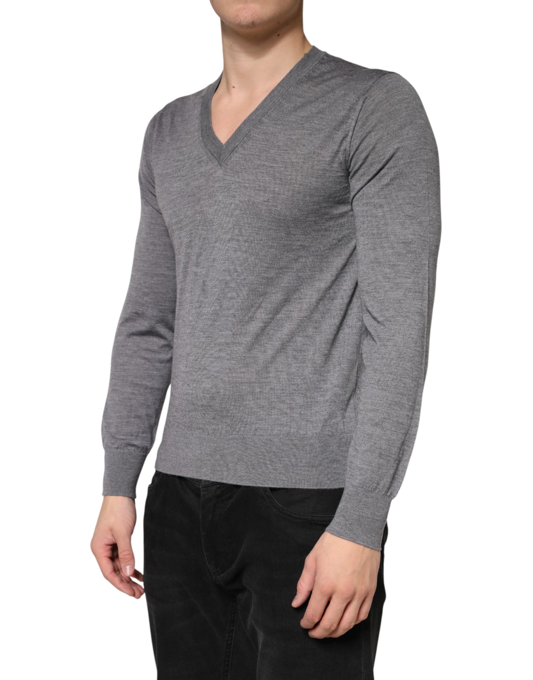 Dolce & Gabbana Gray Cashmere V-Neck Men Pullover Sweater | Regal Royce