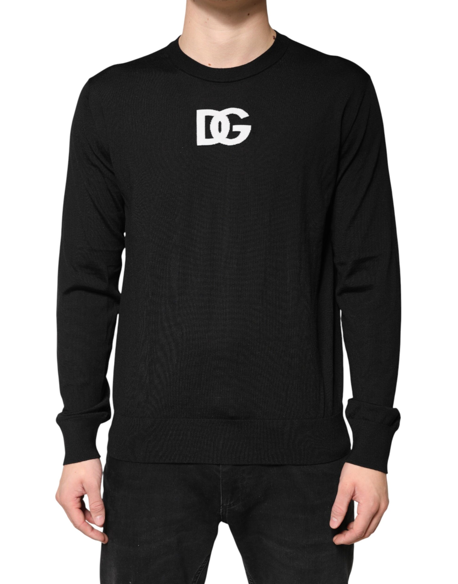 Dolce & Gabbana Black Wool DG Crew Neck Men Pullover Sweater | Regal Royce