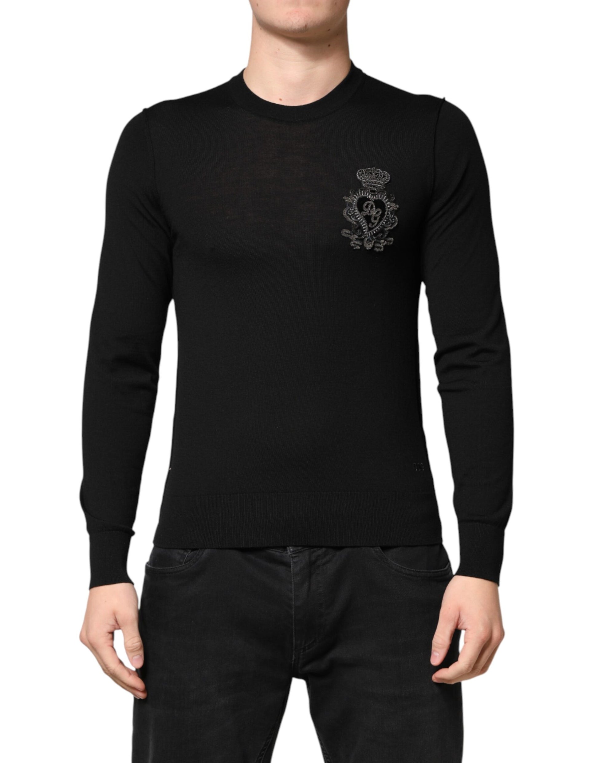 Dolce & Gabbana Black Crest Wool Crew Neck Pullover  Sweater | Regal Royce