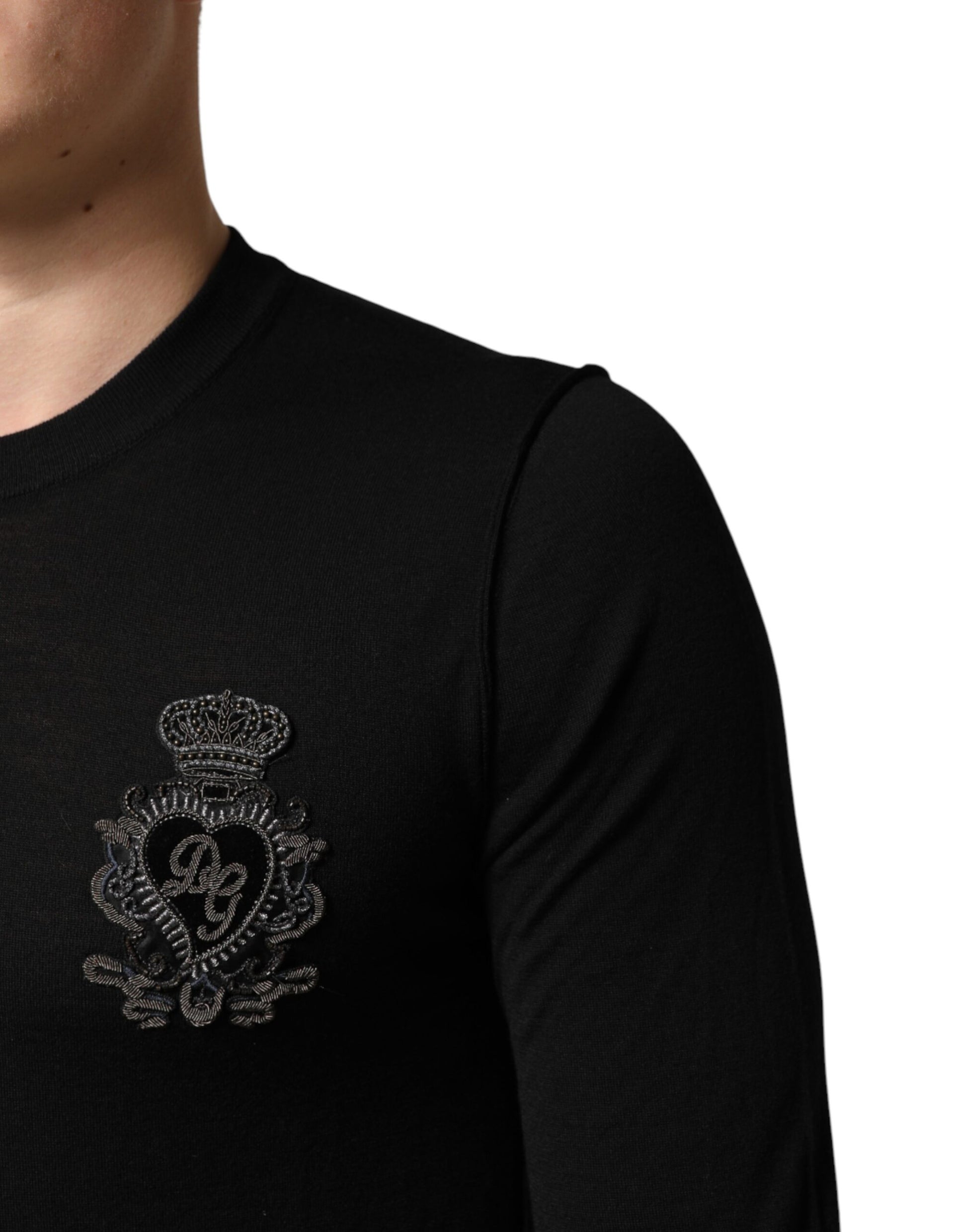 Dolce & Gabbana Black Crest Wool Crew Neck Pullover  Sweater | Regal Royce