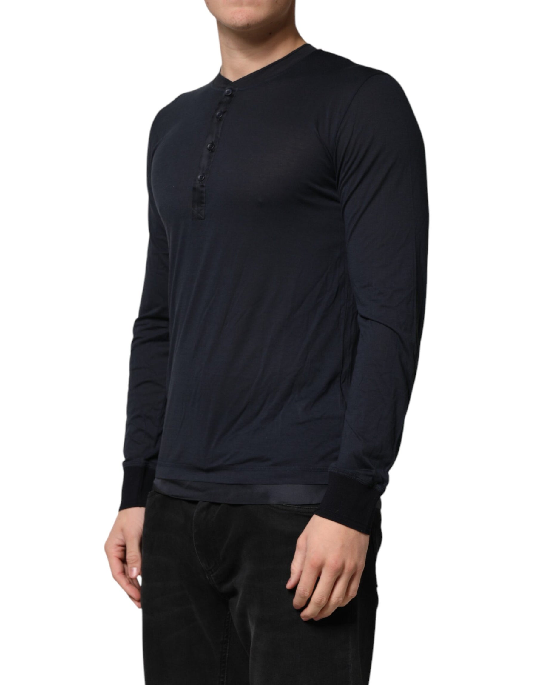 Dolce & Gabbana Dark Blue Cotton Henley Long Sleeves T-Shirt | Regal Royce