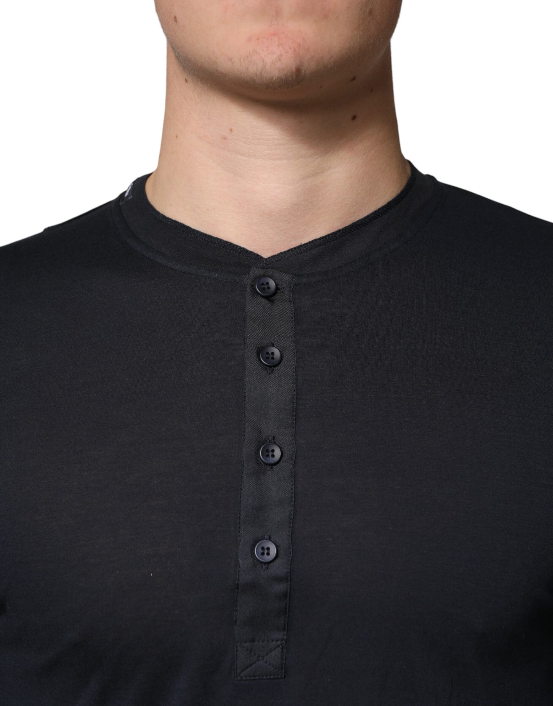 Dolce & Gabbana Dark Blue Cotton Henley Long Sleeves T-Shirt | Regal Royce