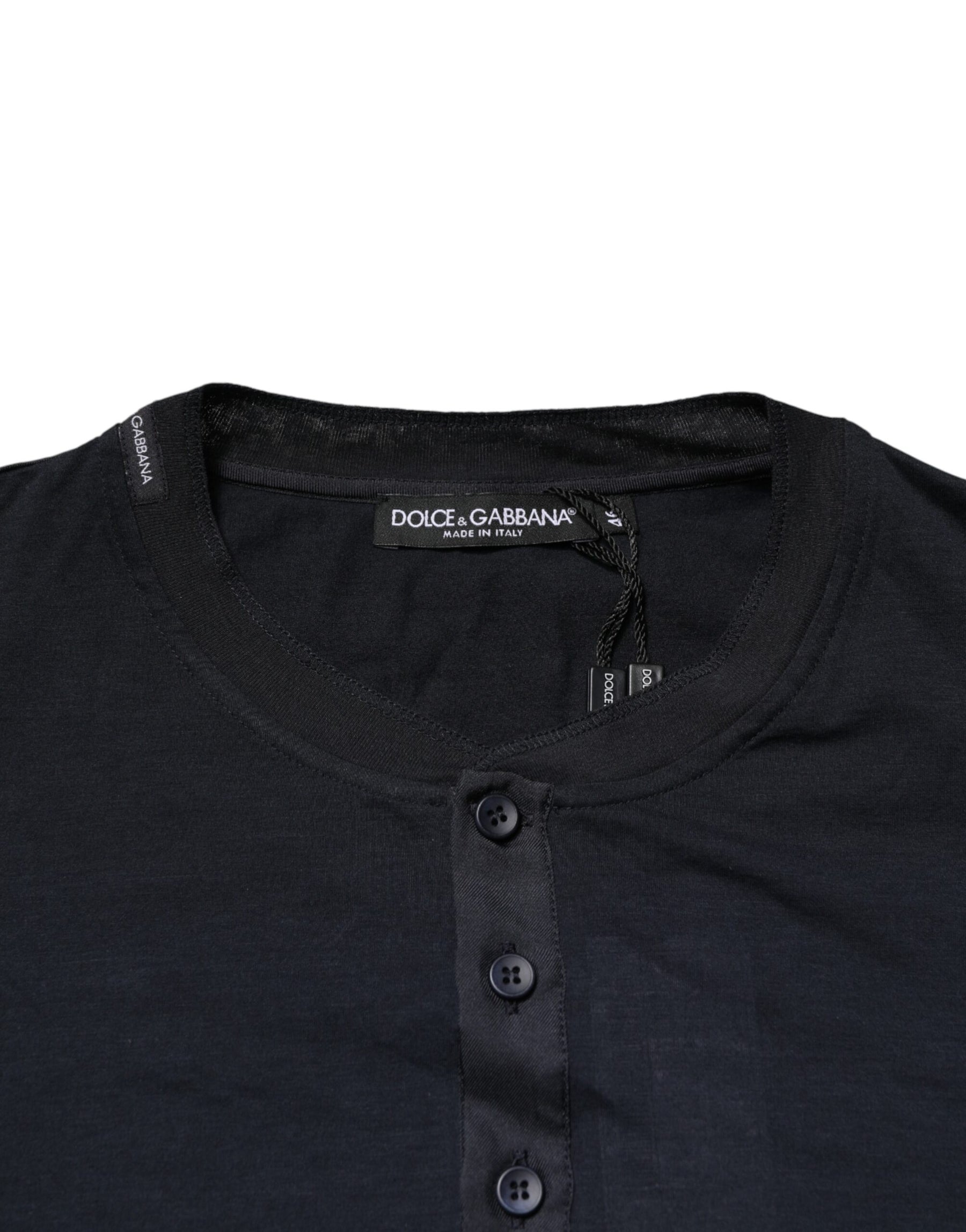 Dolce & Gabbana Dark Blue Cotton Henley Long Sleeves T-Shirt | Regal Royce
