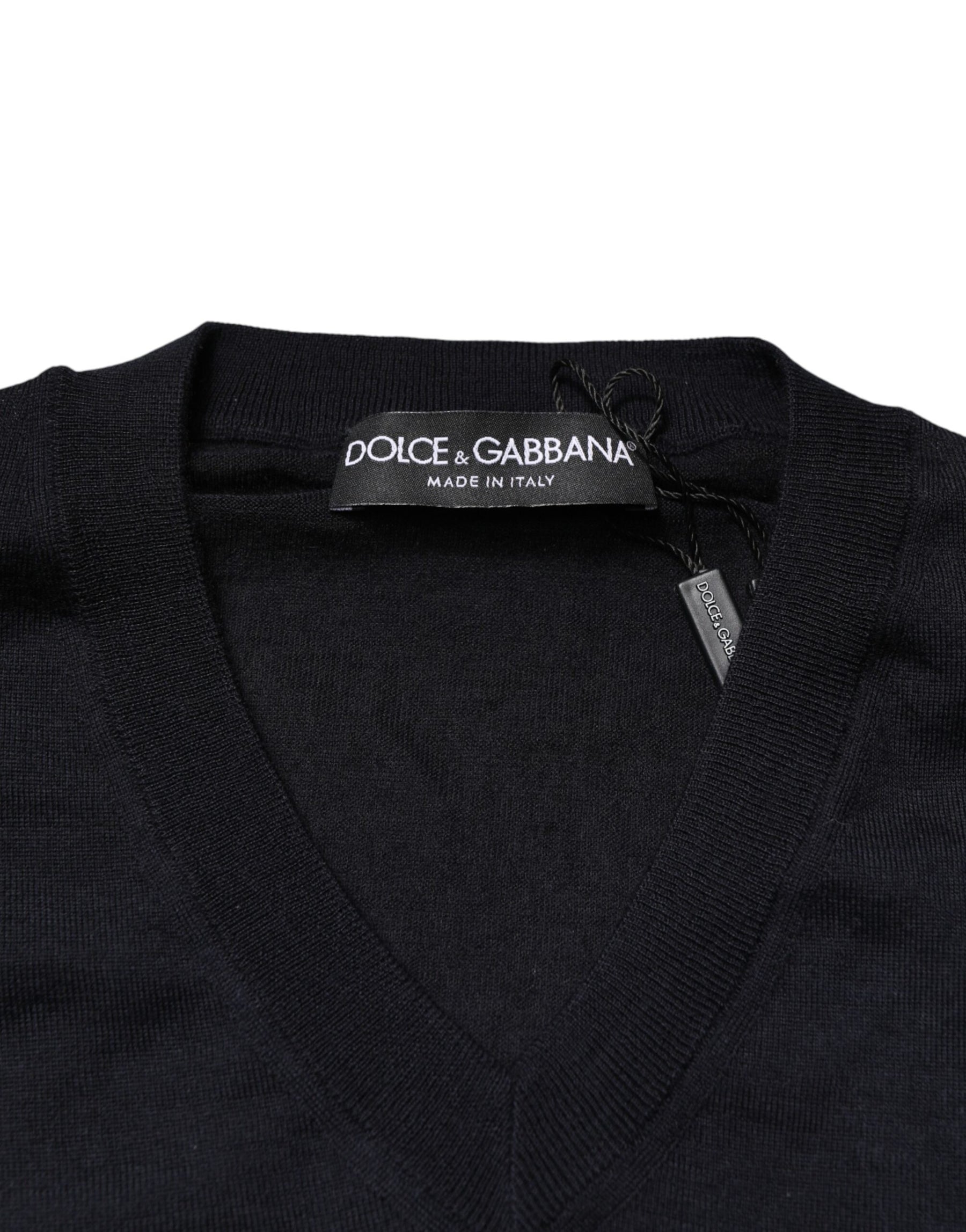 Dolce & Gabbana Black Cashmere V-Neck Men Pullover Sweater | Regal Royce