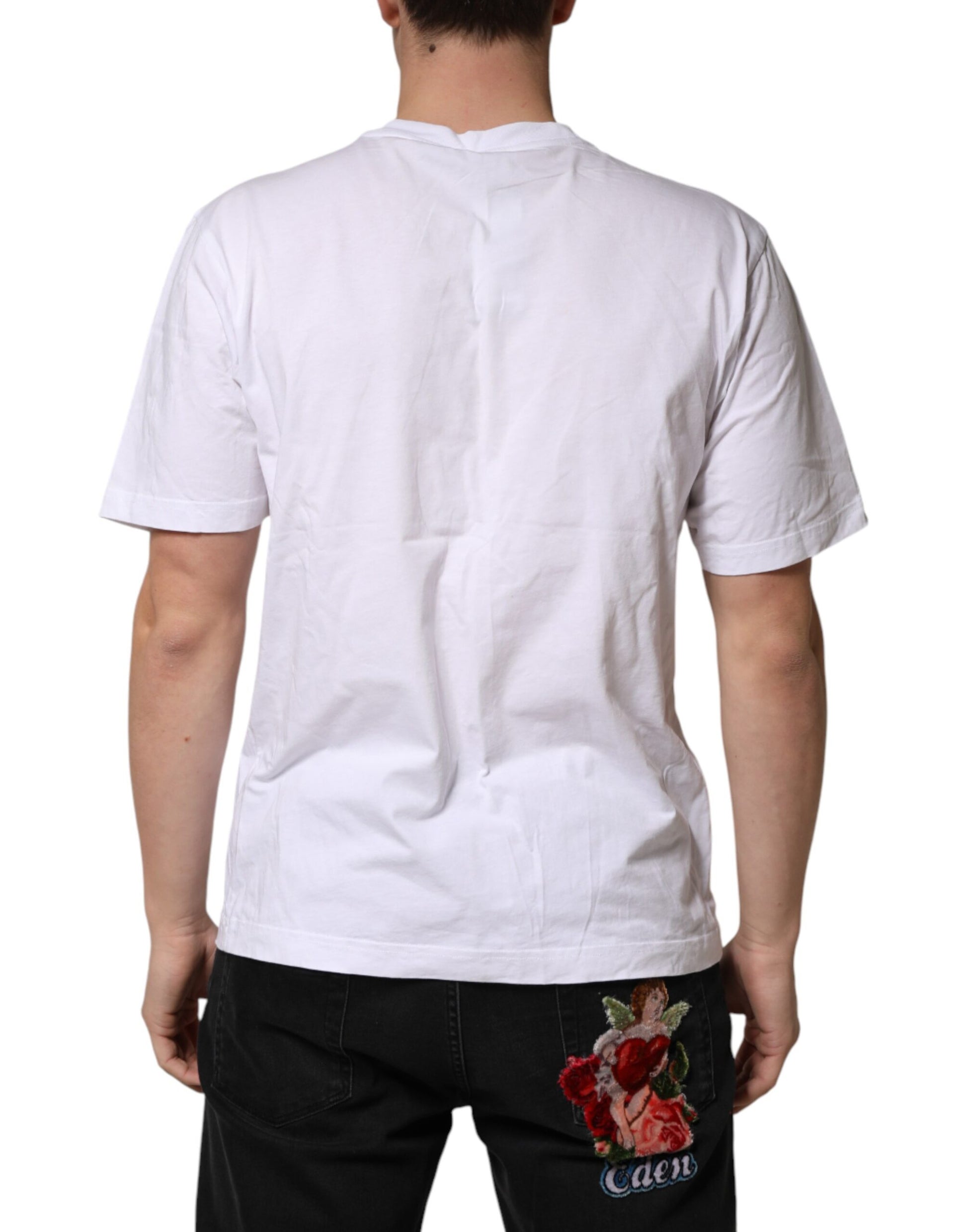 Dolce & Gabbana White Graphic Cotton Men Crew Neck T-shirt | Regal Royce