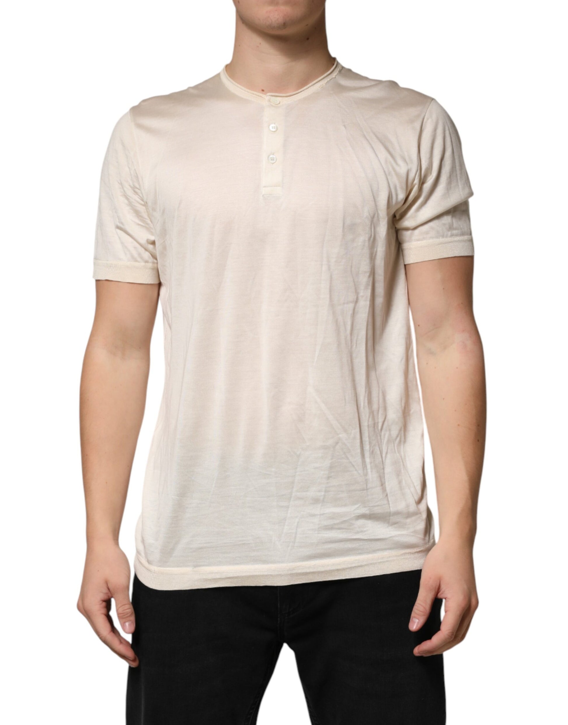 Dolce & Gabbana Off White Cotton Blend Men Henley T-shirt | Regal Royce