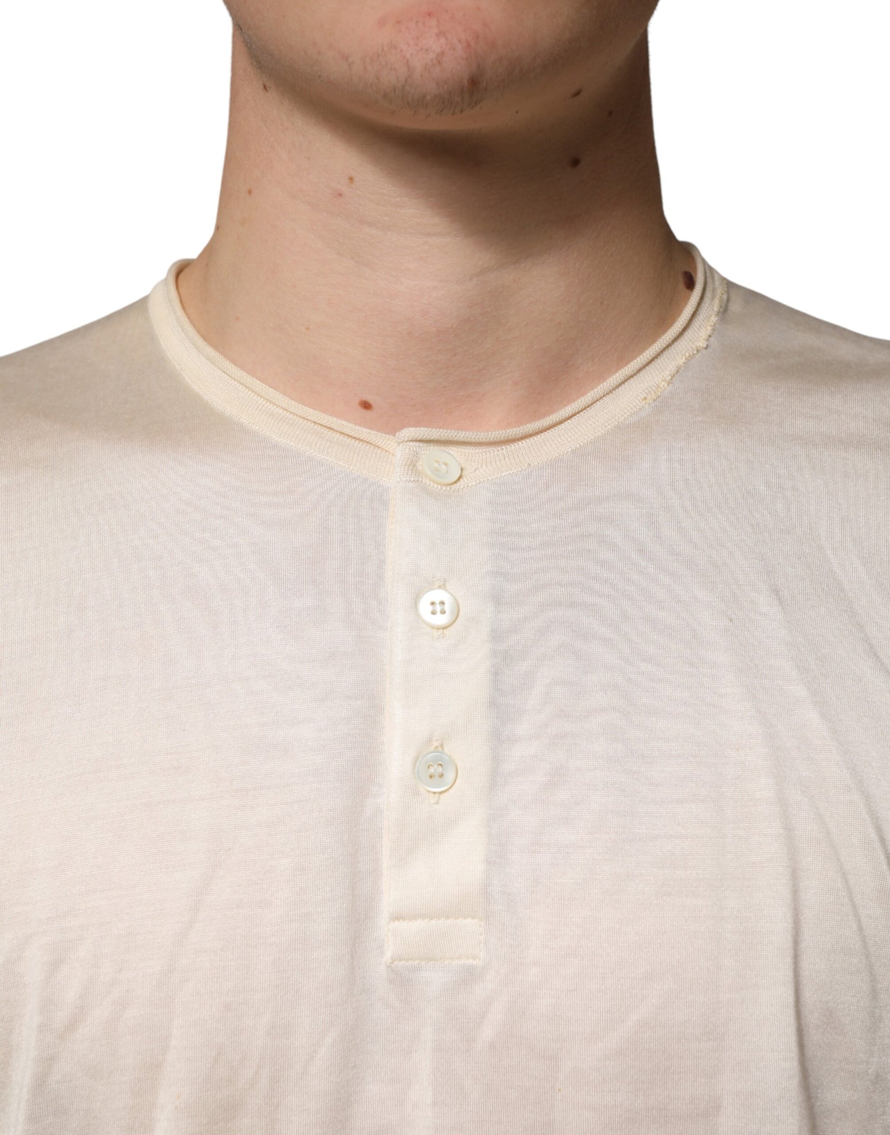 Dolce & Gabbana Off White Cotton Blend Men Henley T-shirt | Regal Royce