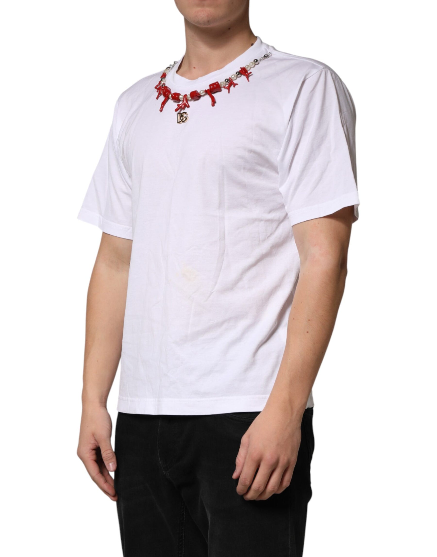 Dolce & Gabbana White Cotton Necklace Embellished T-shirt | Regal Royce