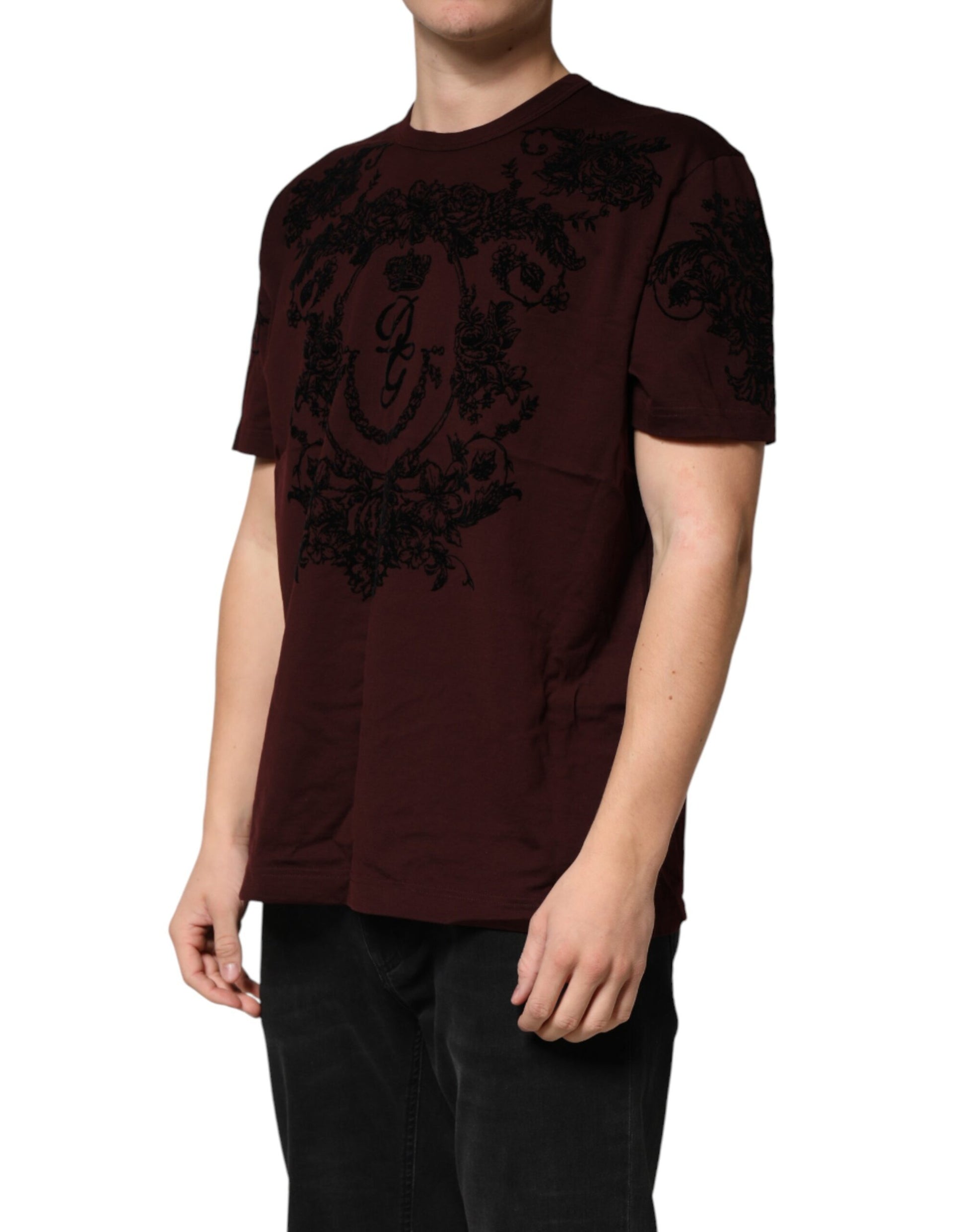 Dolce & Gabbana Maroon DG Crown Floral Crewneck Men T-shirt | Regal Royce