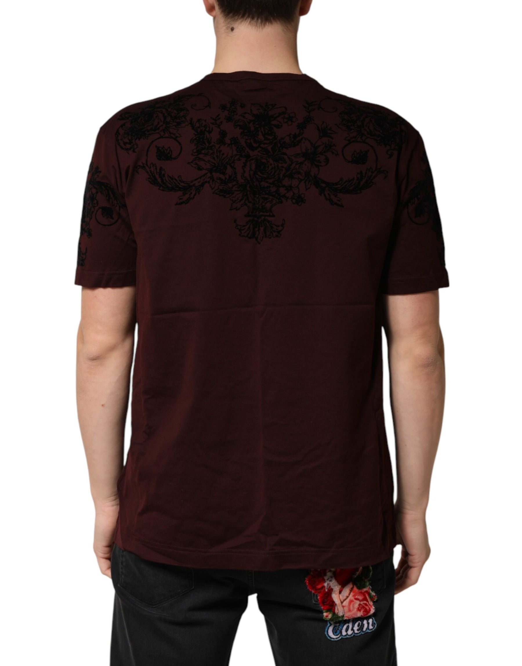 Dolce & Gabbana Maroon DG Crown Floral Crewneck Men T-shirt | Regal Royce