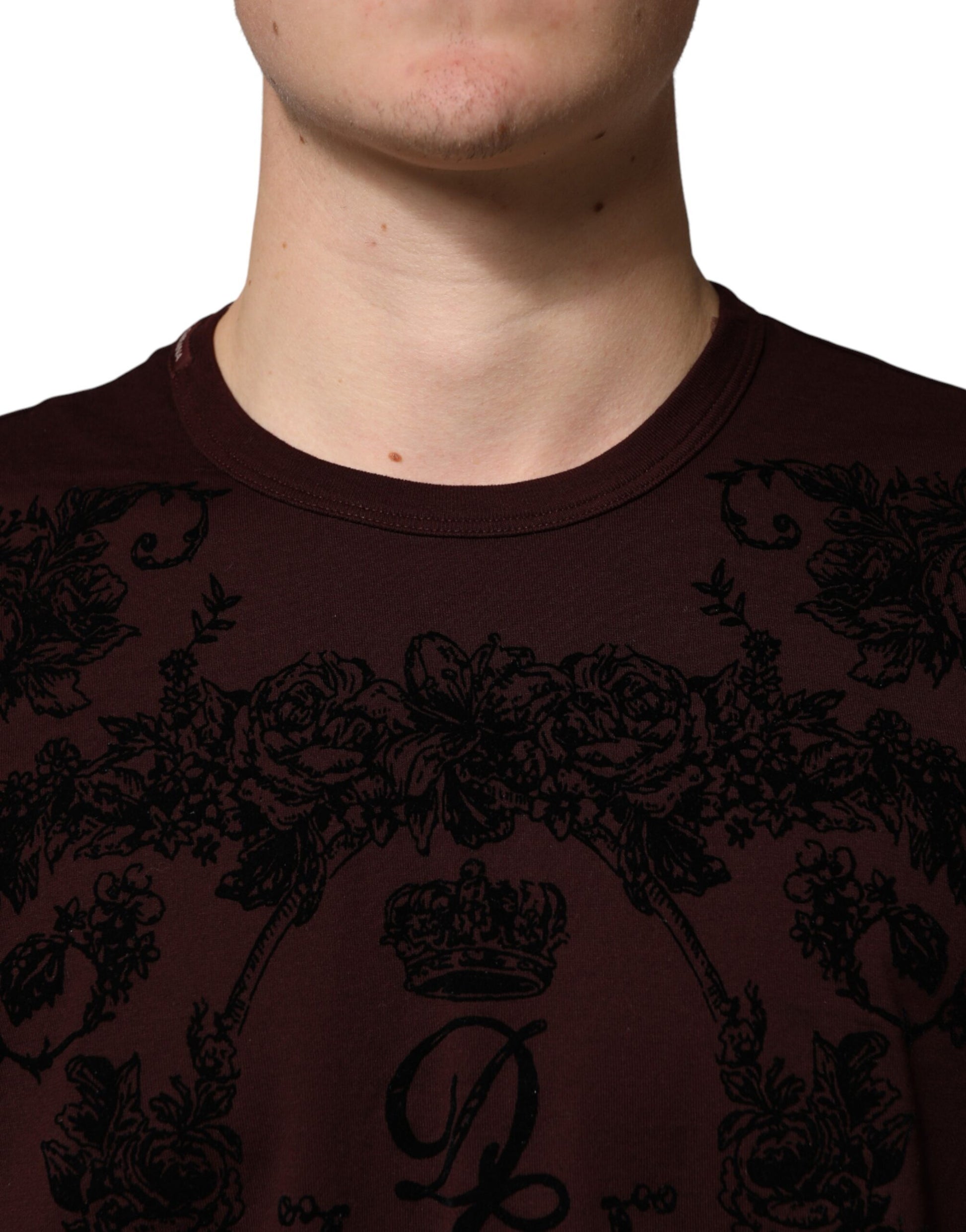 Dolce & Gabbana Maroon DG Crown Floral Crewneck Men T-shirt | Regal Royce