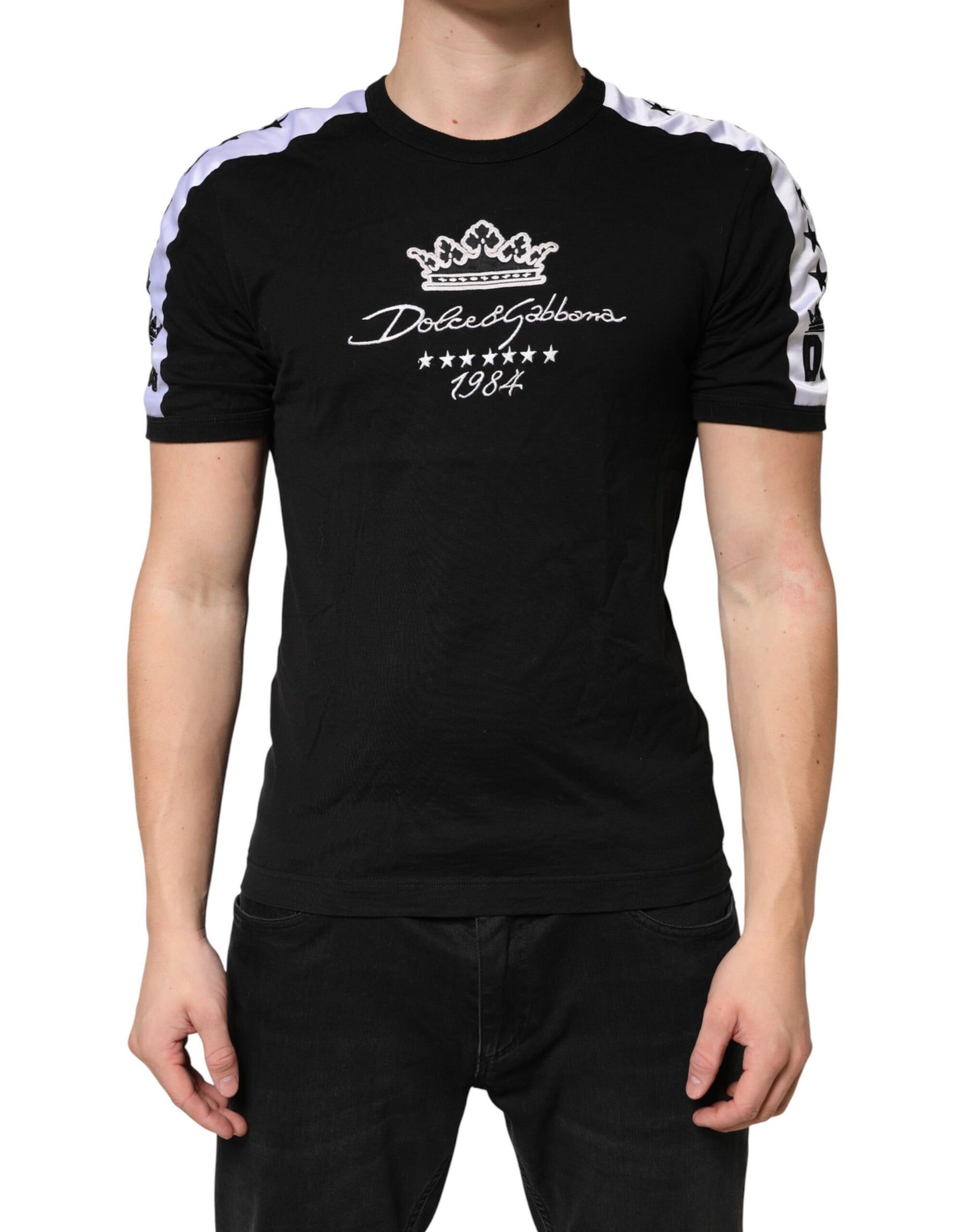 Dolce & Gabbana Black Logo Print Cotton Crewneck Men T-shirt | Regal Royce