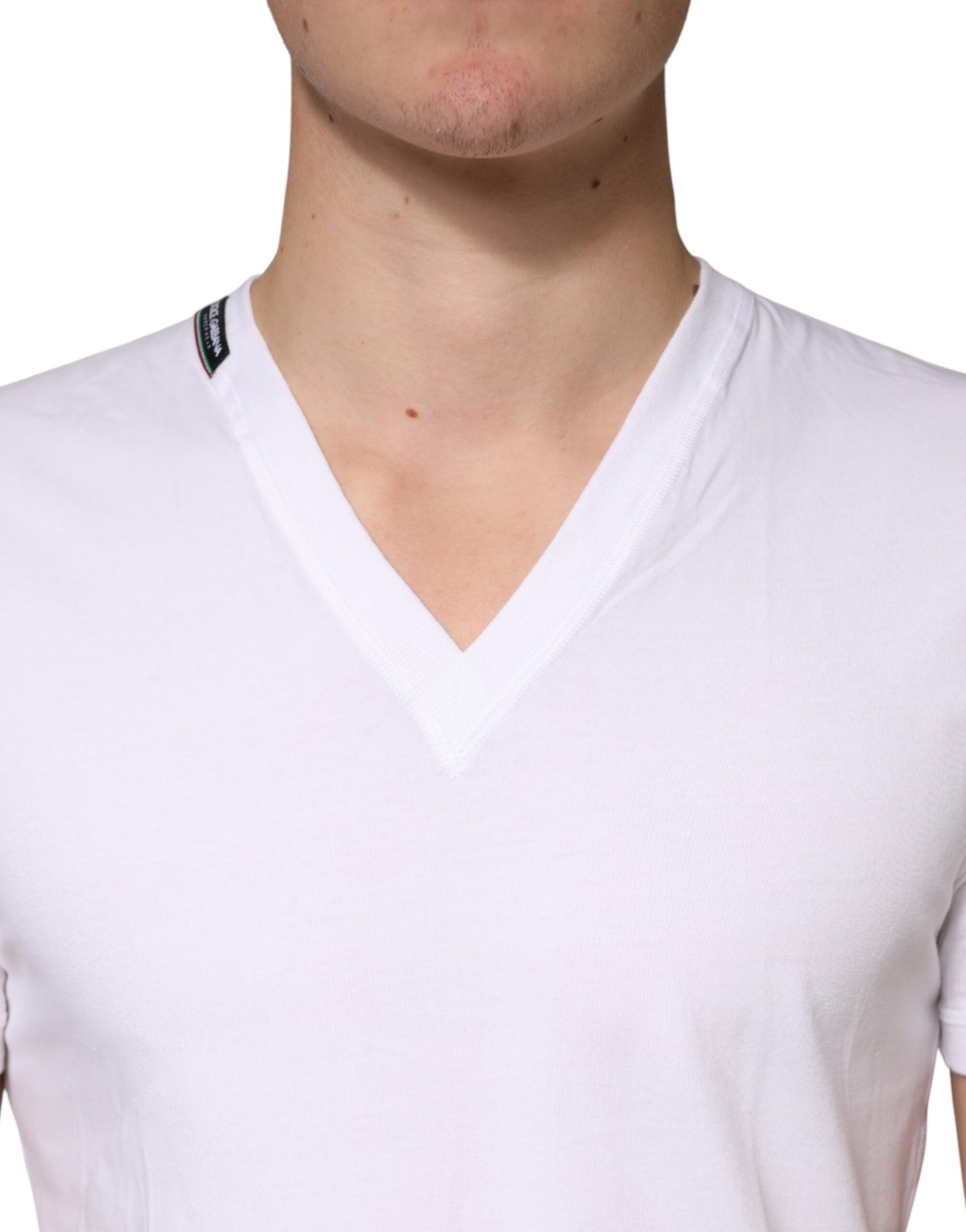 Dolce & Gabbana White Cotton Deep V-Neck Underwear Tee T-shirt | Regal Royce