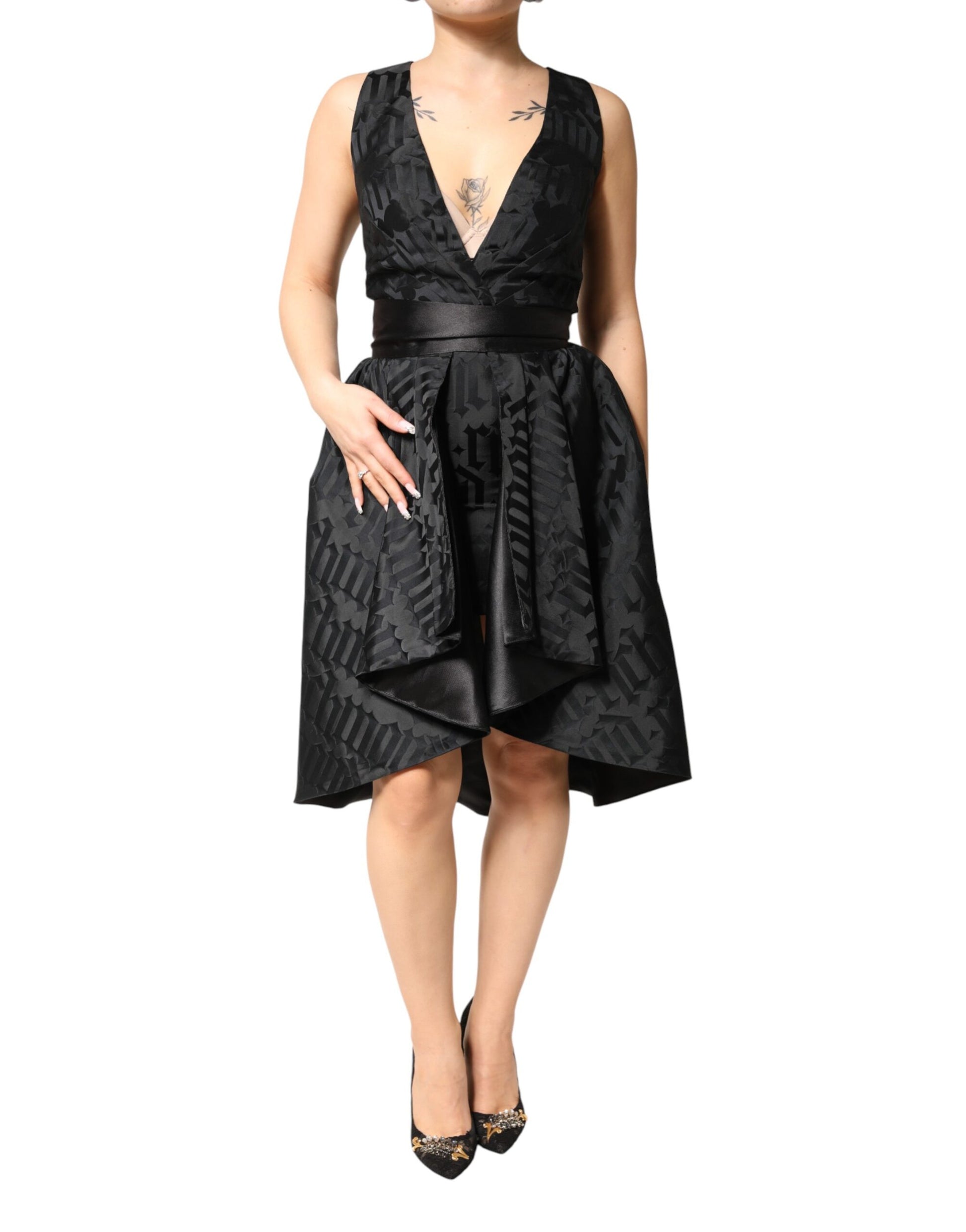 John Richmond Black Jacquard Deep V-neck Sleeveless 2 Pc Dress | Regal Royce
