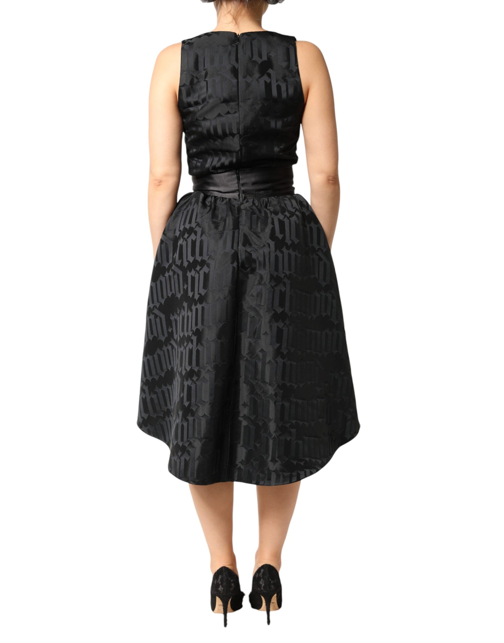 John Richmond Black Jacquard Deep V-neck Sleeveless 2 Pc Dress | Regal Royce