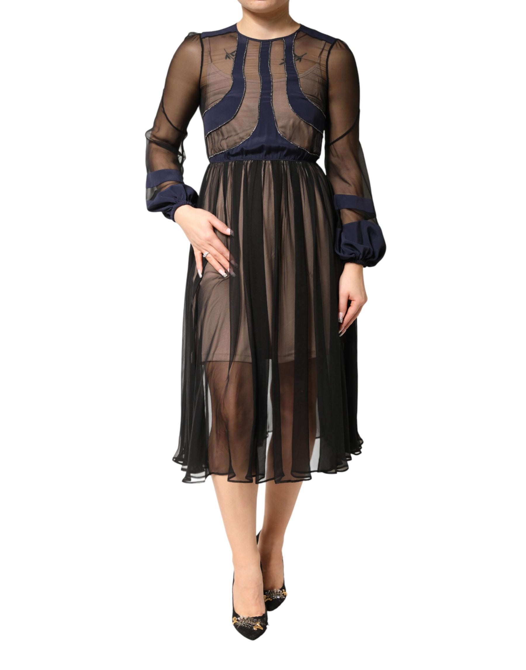 N.21 Blue Long Sleeves Sheer Silk Sheath A-line Midi Dress | Regal Royce