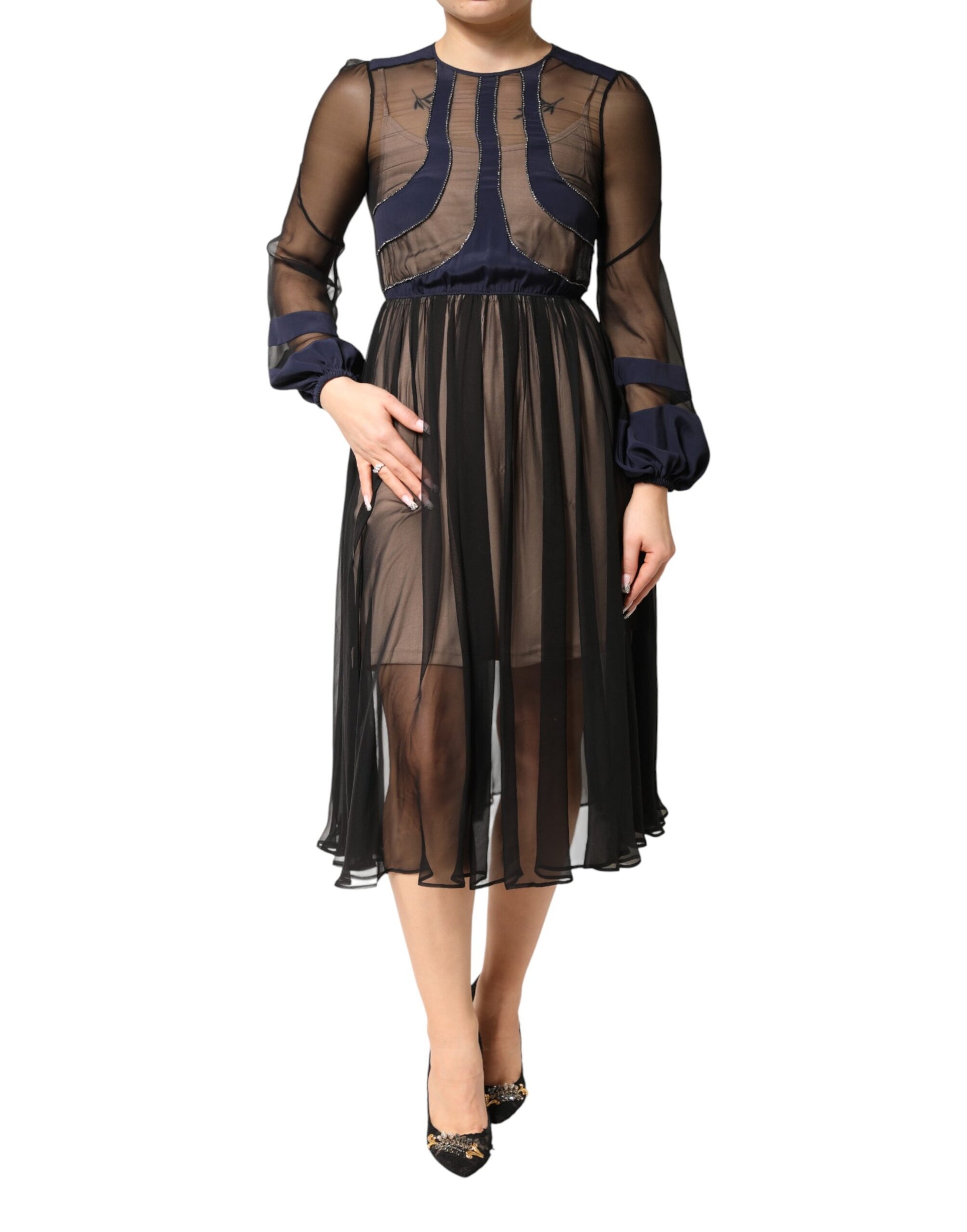 N.21 Blue Long Sleeves Sheer Silk Sheath A-line Midi Dress | Regal Royce