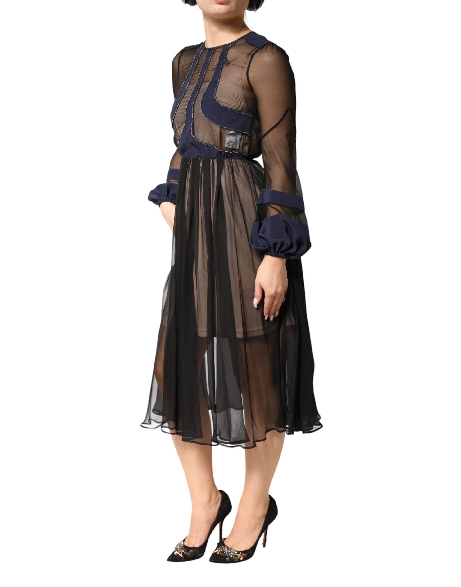 N.21 Blue Long Sleeves Sheer Silk Sheath A-line Midi Dress | Regal Royce