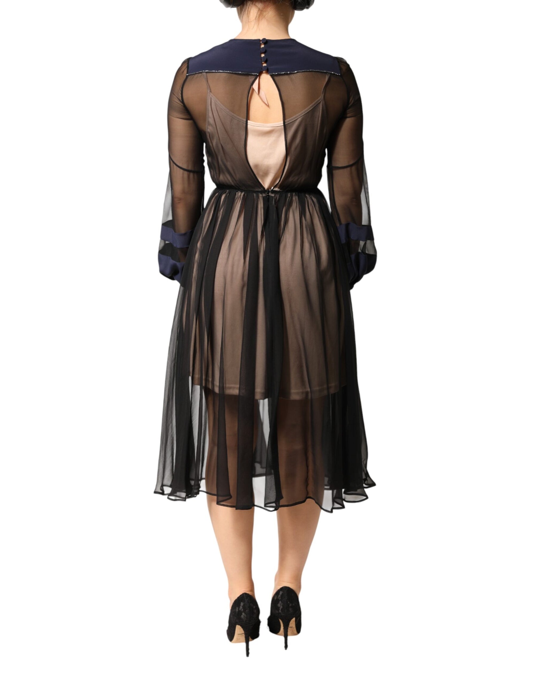 N.21 Blue Long Sleeves Sheer Silk Sheath A-line Midi Dress | Regal Royce