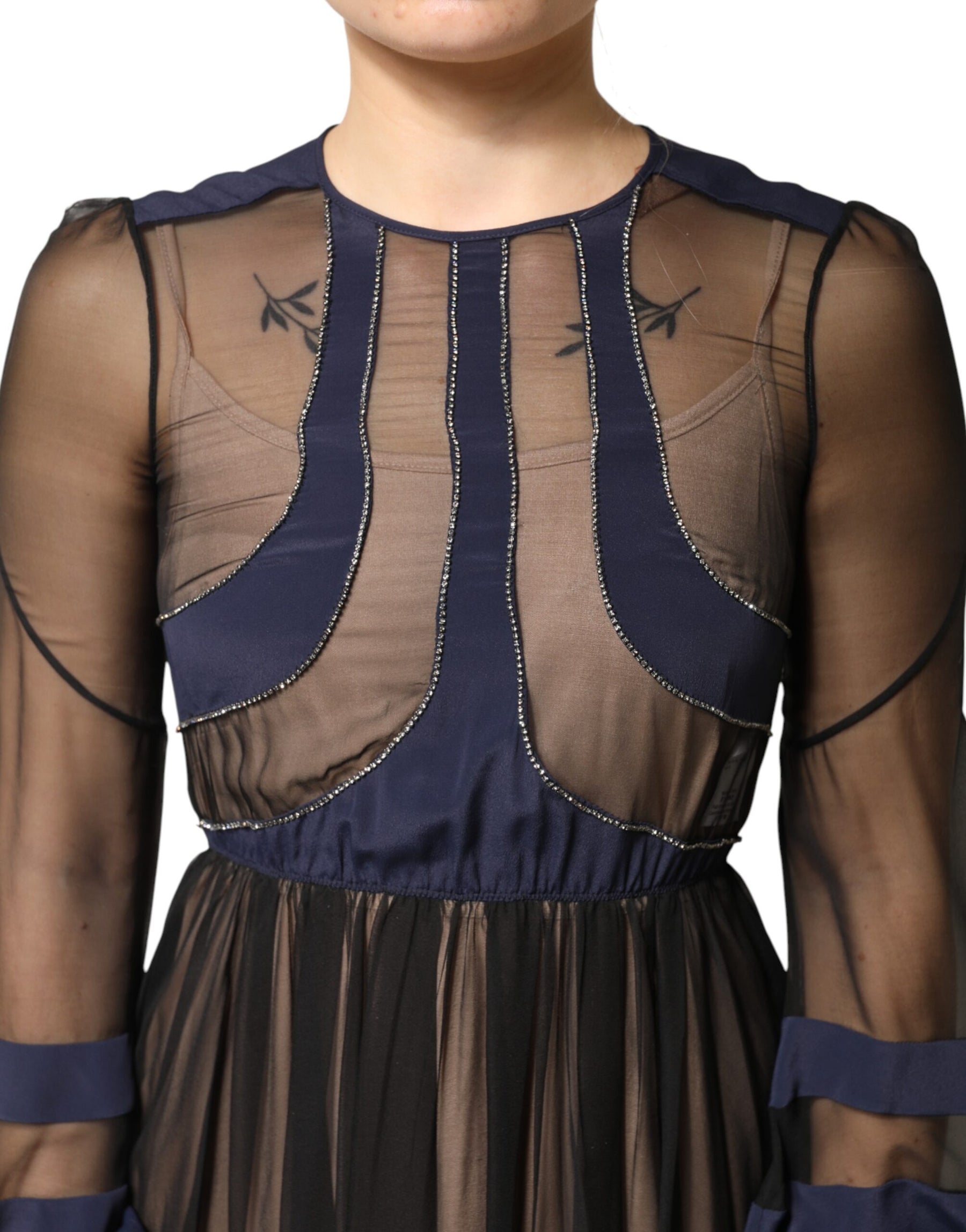 N.21 Blue Long Sleeves Sheer Silk Sheath A-line Midi Dress | Regal Royce