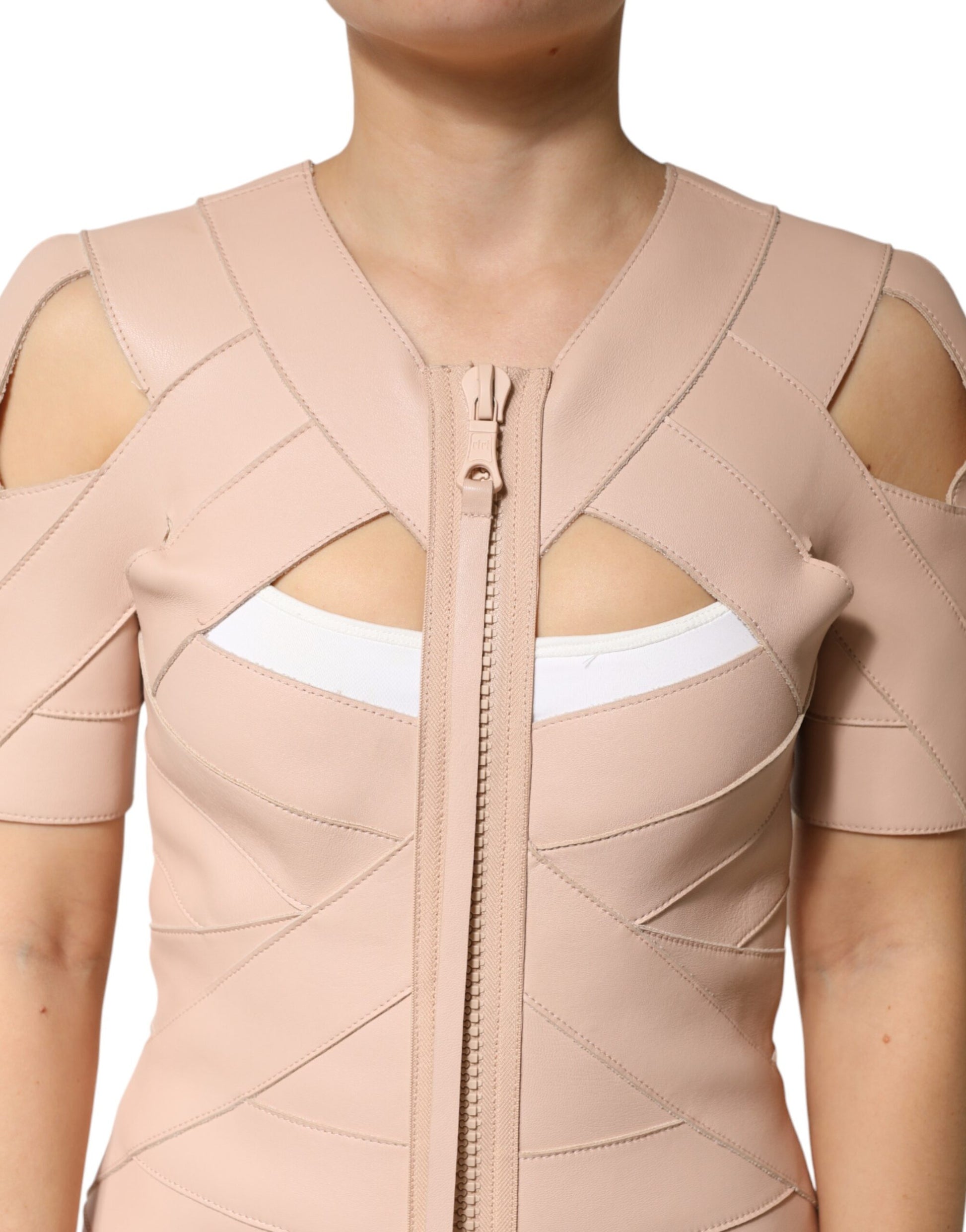 Dsquared² Beige Leather Short Sleeves Sheath Mini Dress | Regal Royce