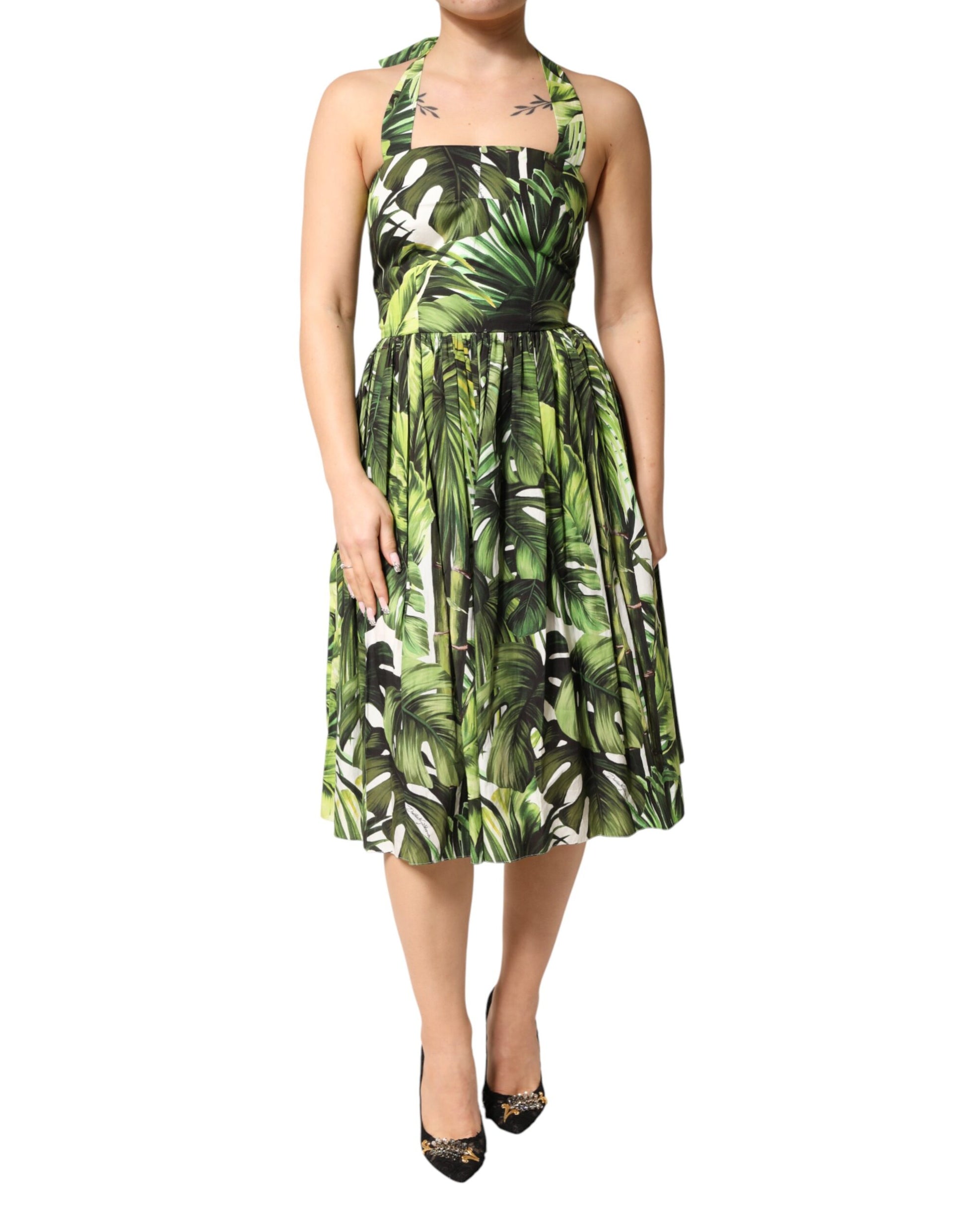 Dolce & Gabbana Green Leaves Print Cotton Halter Midi Dress | Regal Royce