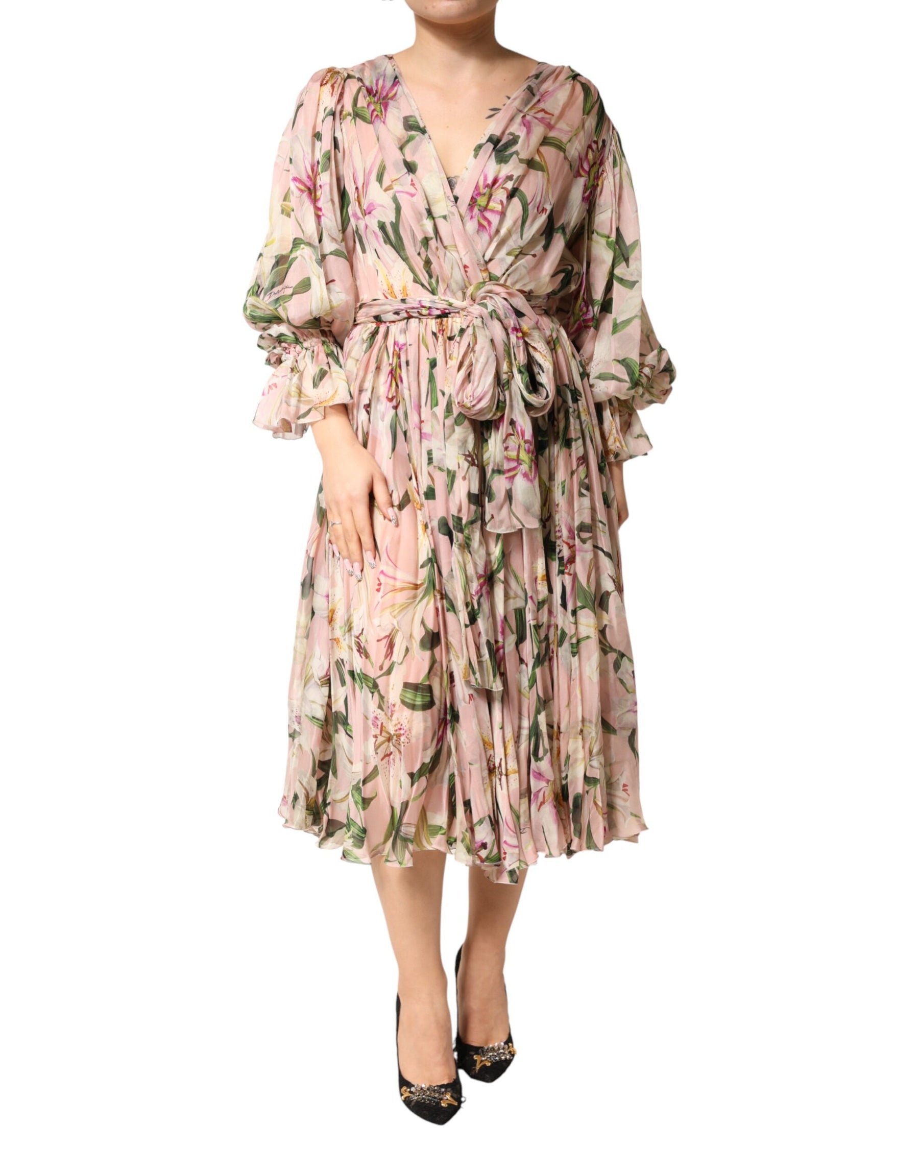 Dolce & Gabbana Pink Lily Print A-line Pleated Maxi Dress | Regal Royce