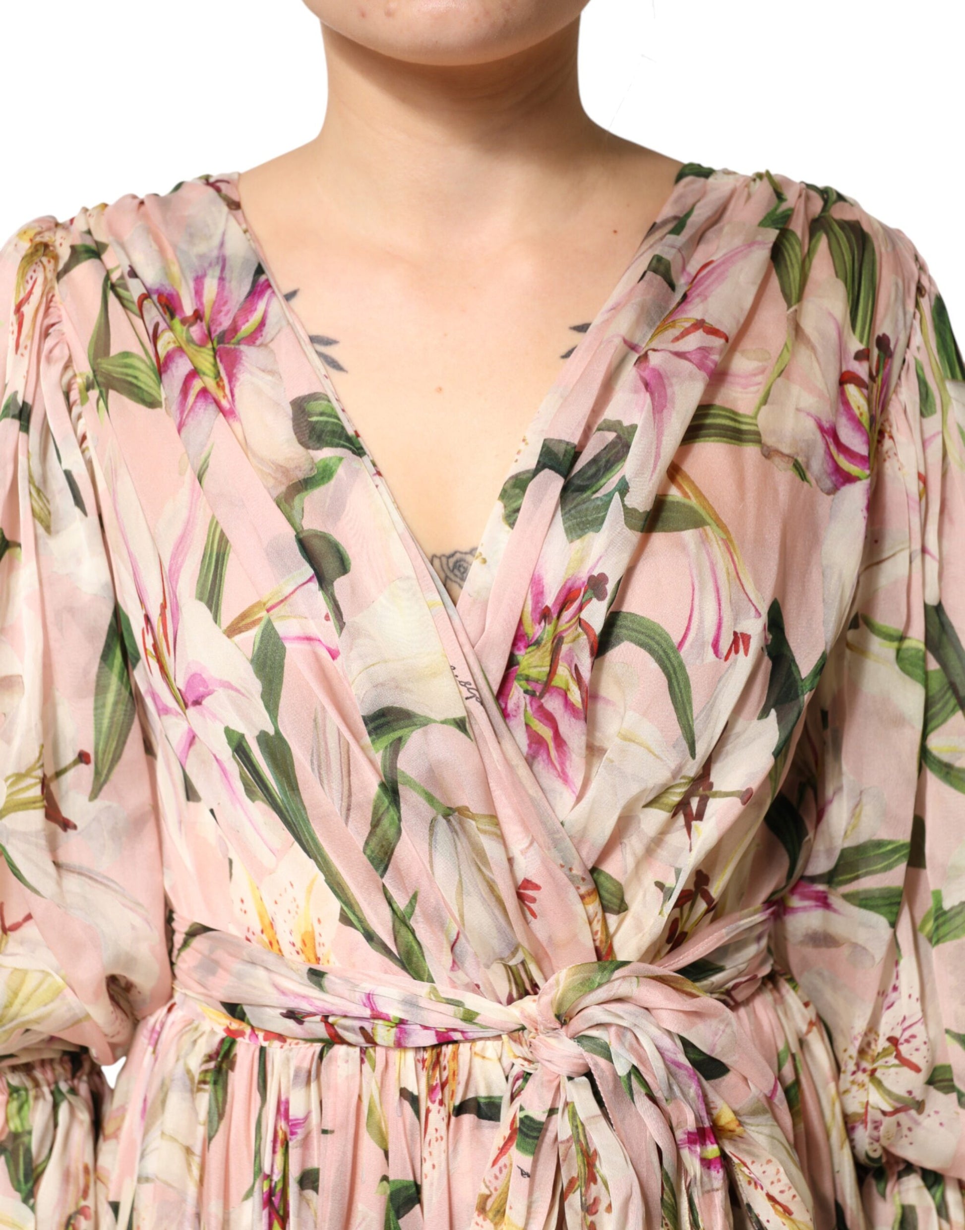 Dolce & Gabbana Pink Lily Print A-line Pleated Maxi Dress | Regal Royce