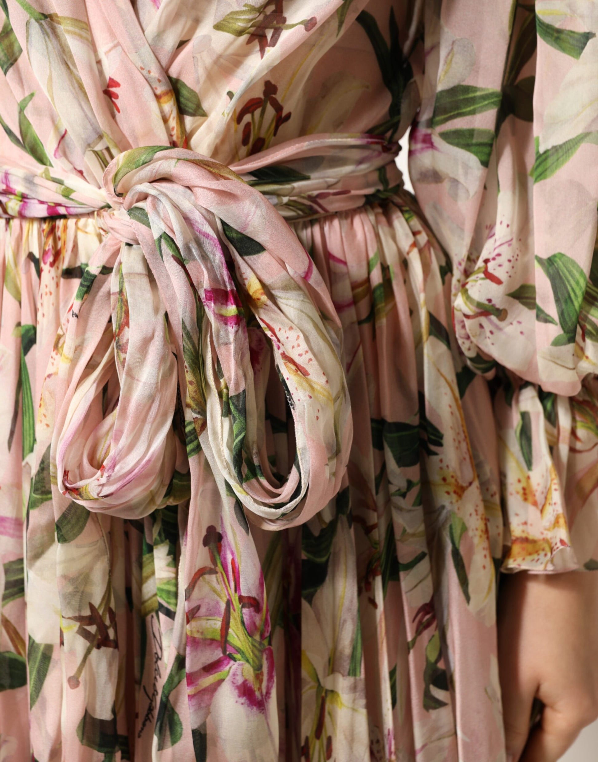 Dolce & Gabbana Pink Lily Print A-line Pleated Maxi Dress | Regal Royce