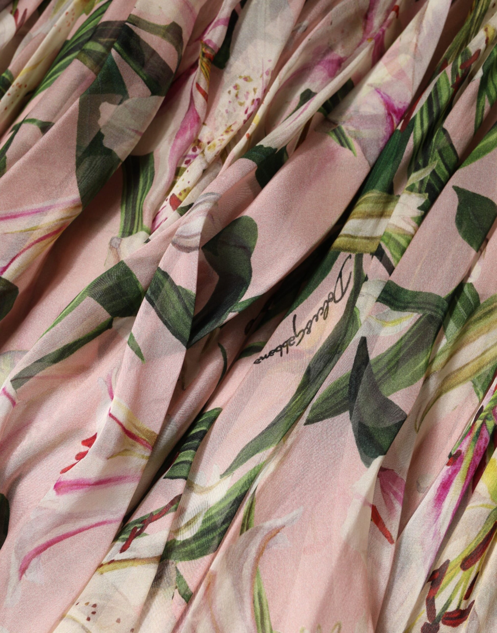Dolce & Gabbana Pink Lily Print A-line Pleated Maxi Dress | Regal Royce