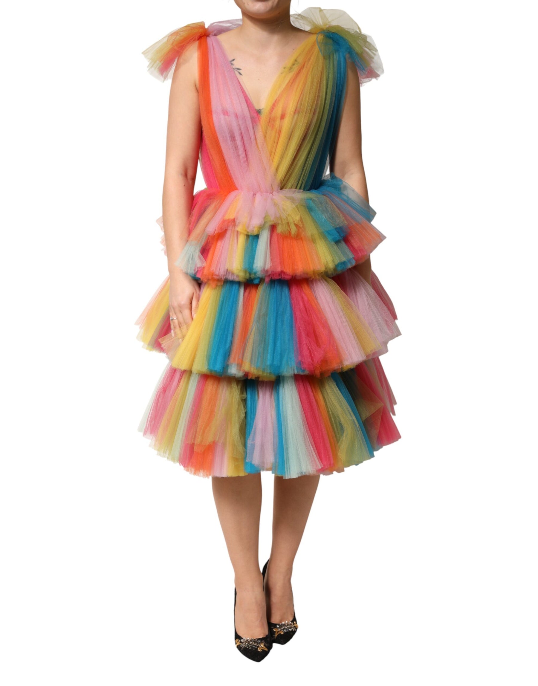 Dolce & Gabbana Multicolor Nylon Tiered Tulle Midi Dress | Regal Royce