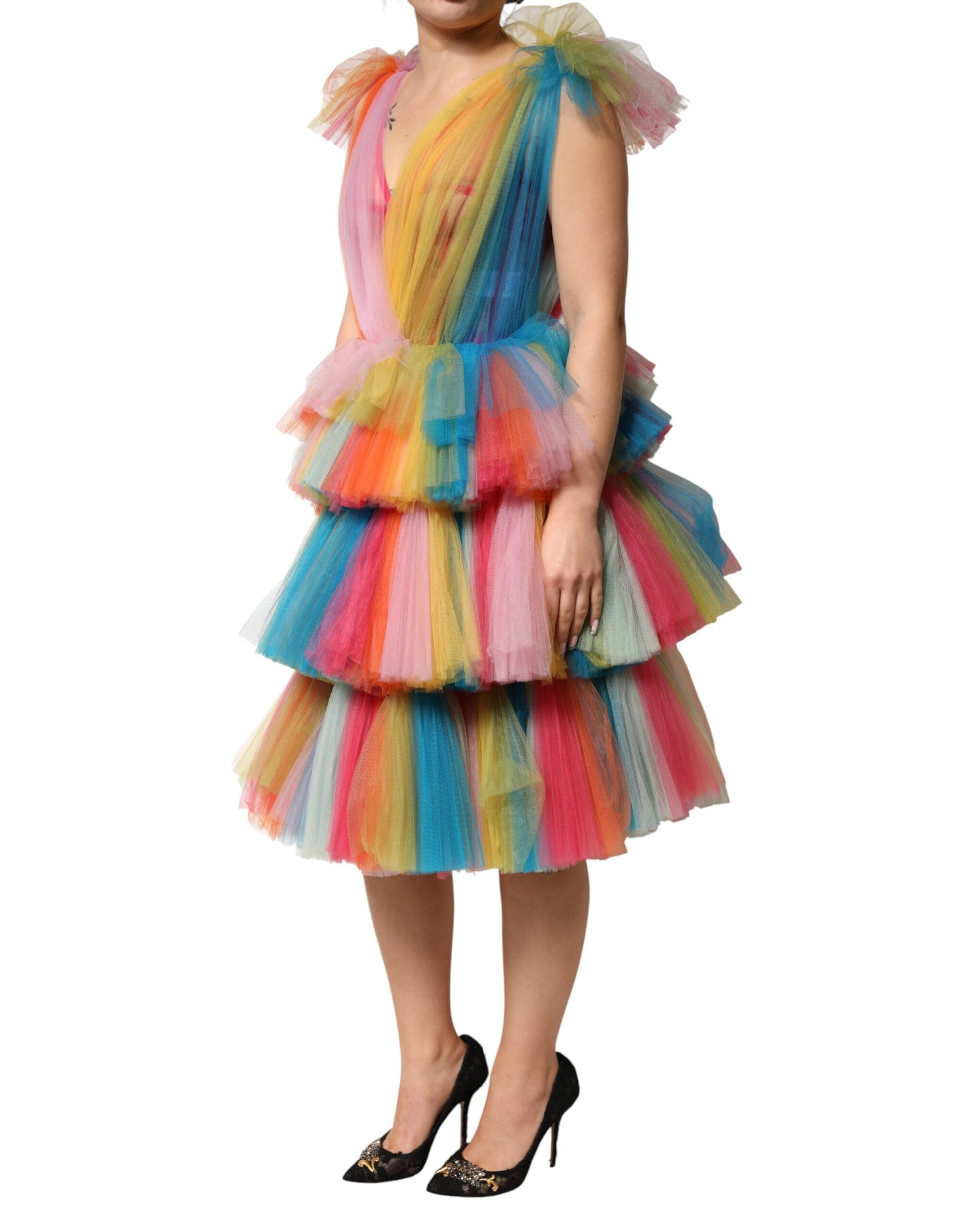 Dolce & Gabbana Multicolor Nylon Tiered Tulle Midi Dress | Regal Royce