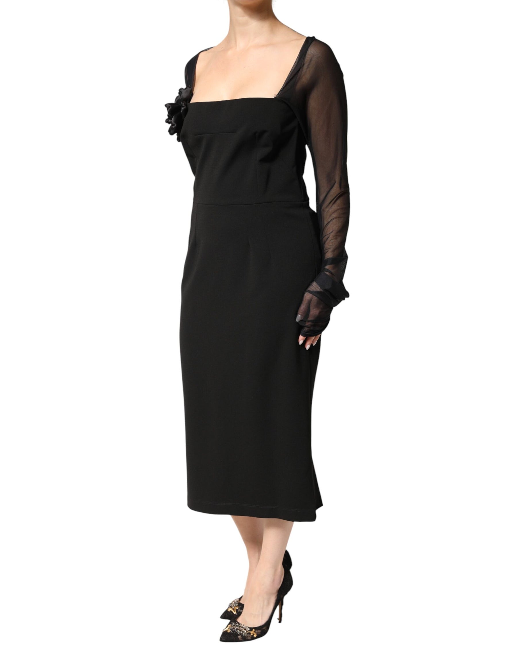 Dolce & Gabbana Black Sheer Yoke Rosette Sheath Midi Dress | Regal Royce