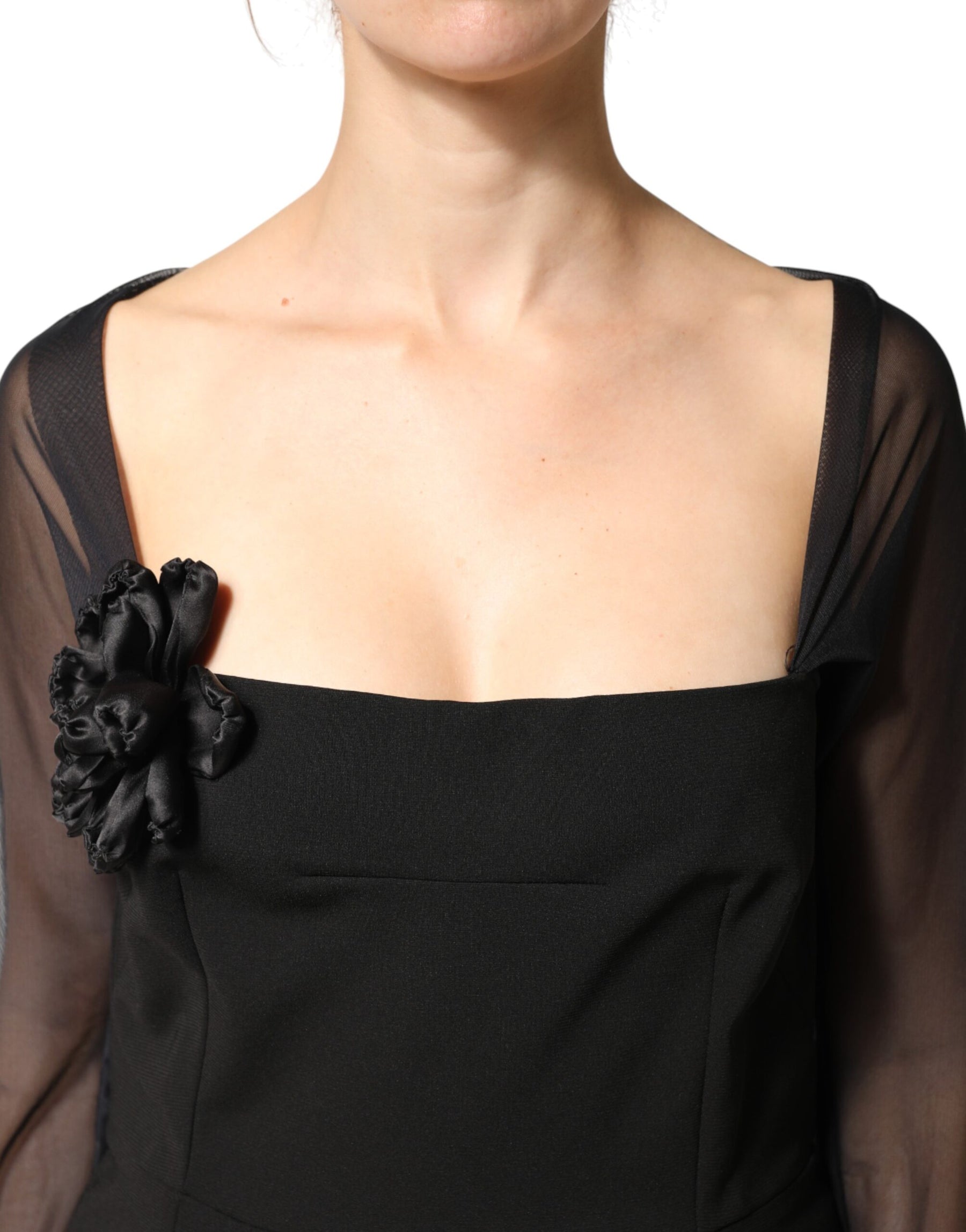 Dolce & Gabbana Black Sheer Yoke Rosette Sheath Midi Dress | Regal Royce