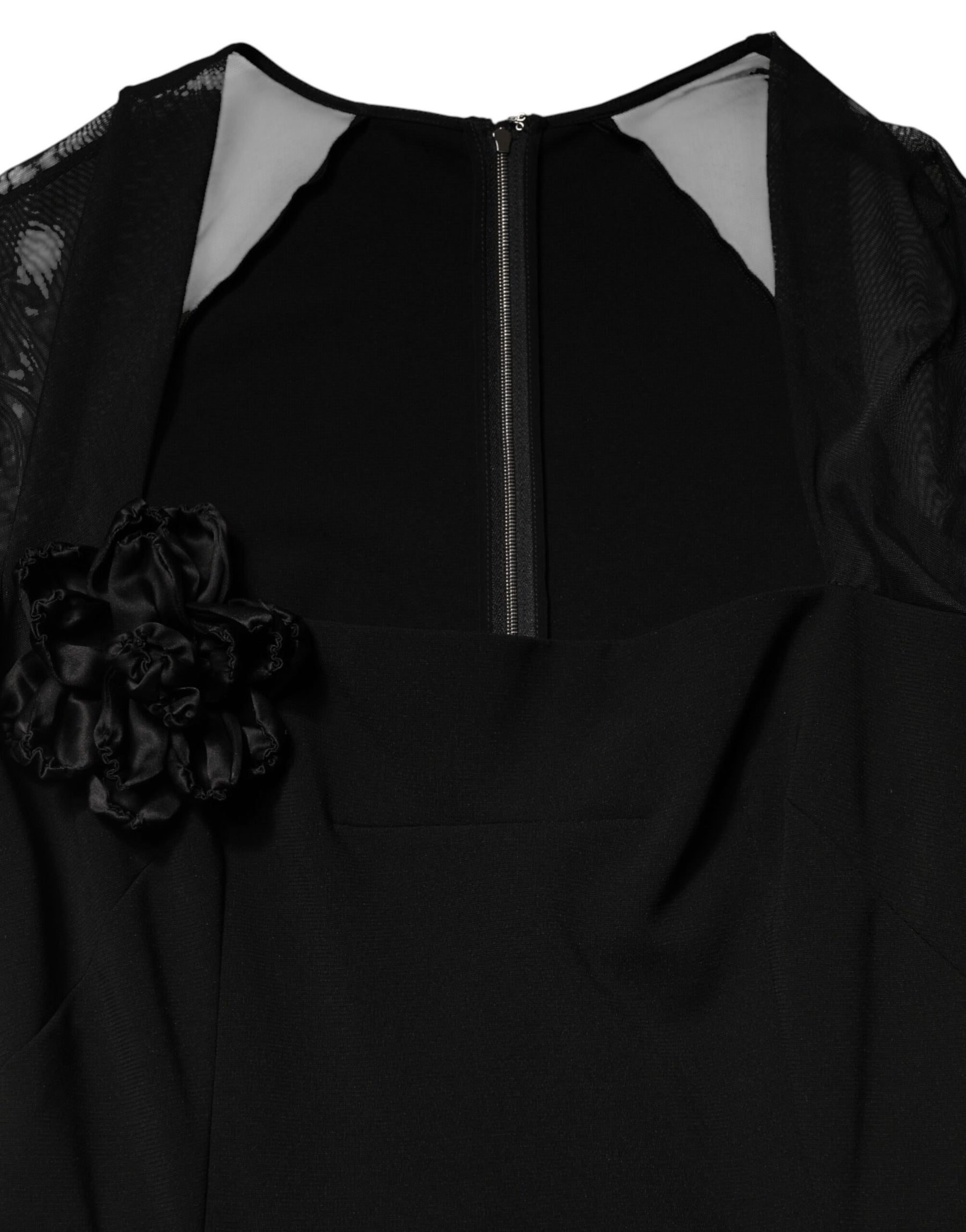 Dolce & Gabbana Black Sheer Yoke Rosette Sheath Midi Dress | Regal Royce