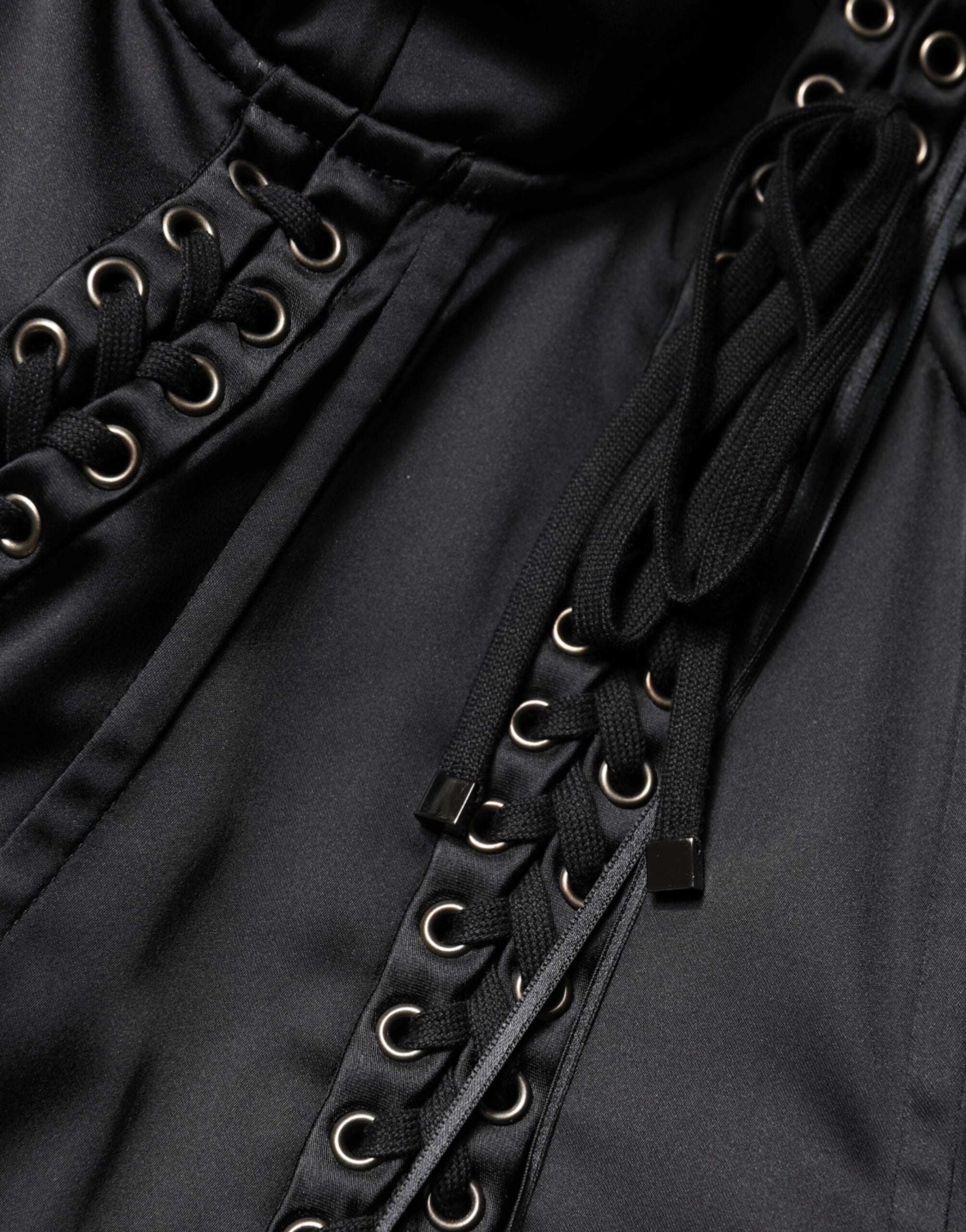 Dolce & Gabbana Black Satin Acetate Lace Eyelets Mini Dress | Regal Royce