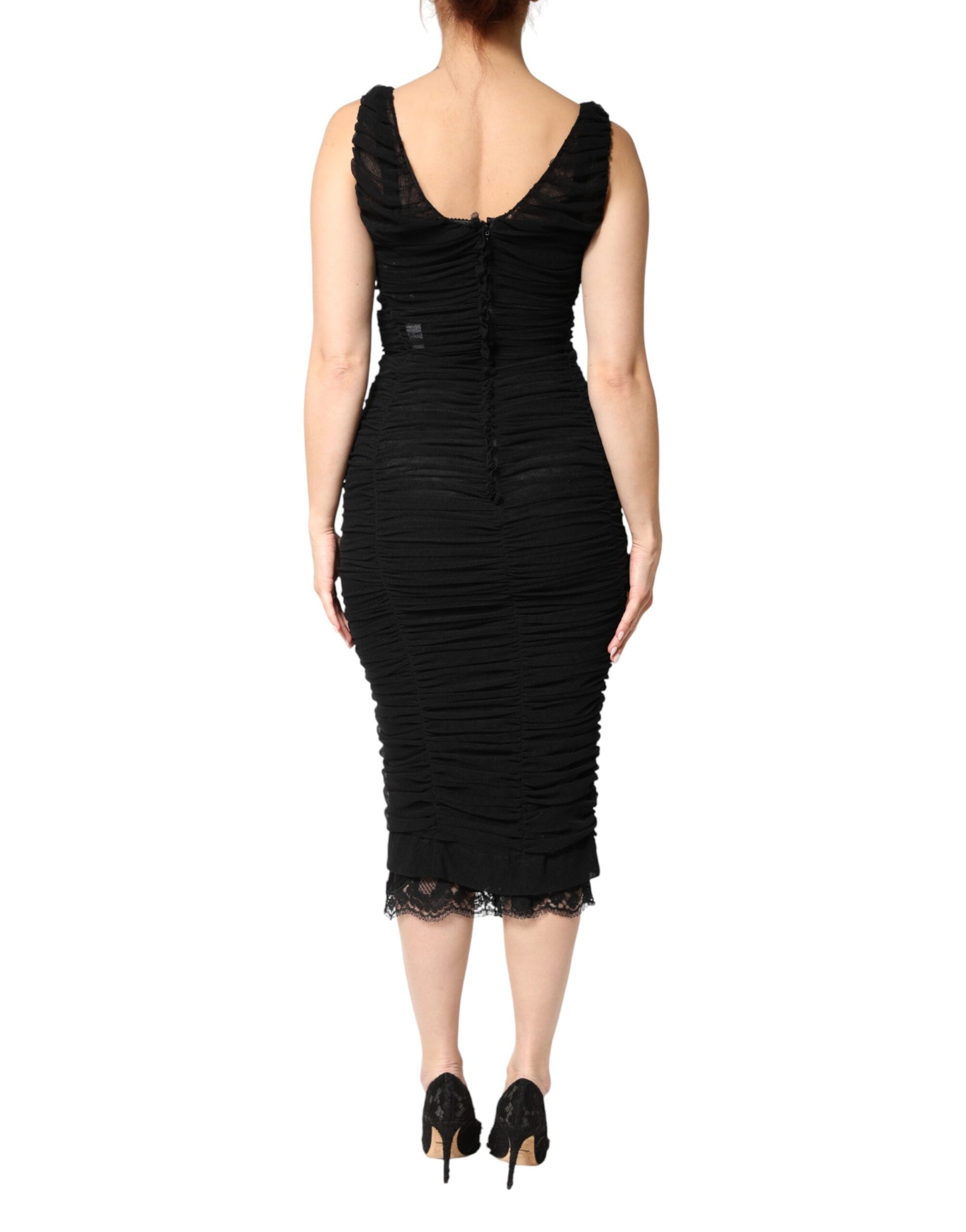 Dolce & Gabbana Black V-Neck Ruched Lace Hem Midi Dress | Regal Royce