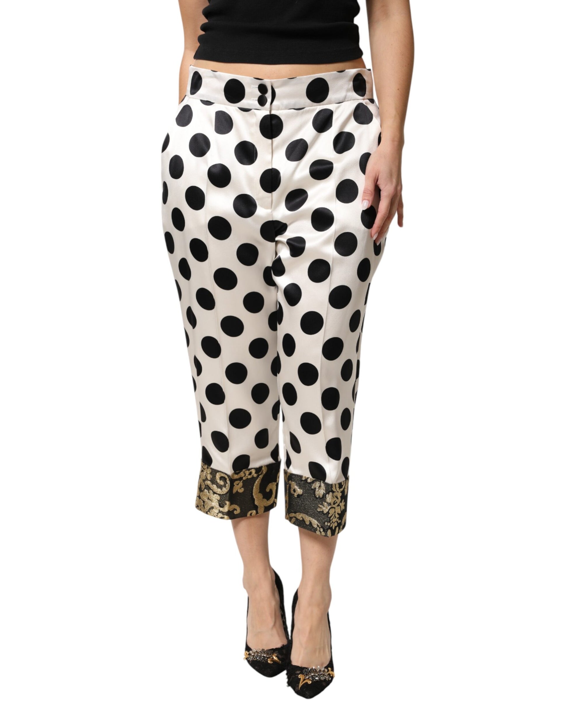 Dolce & Gabbana White Black Polka Dot Silk Mid Waist Cropped Pants | Regal Royce