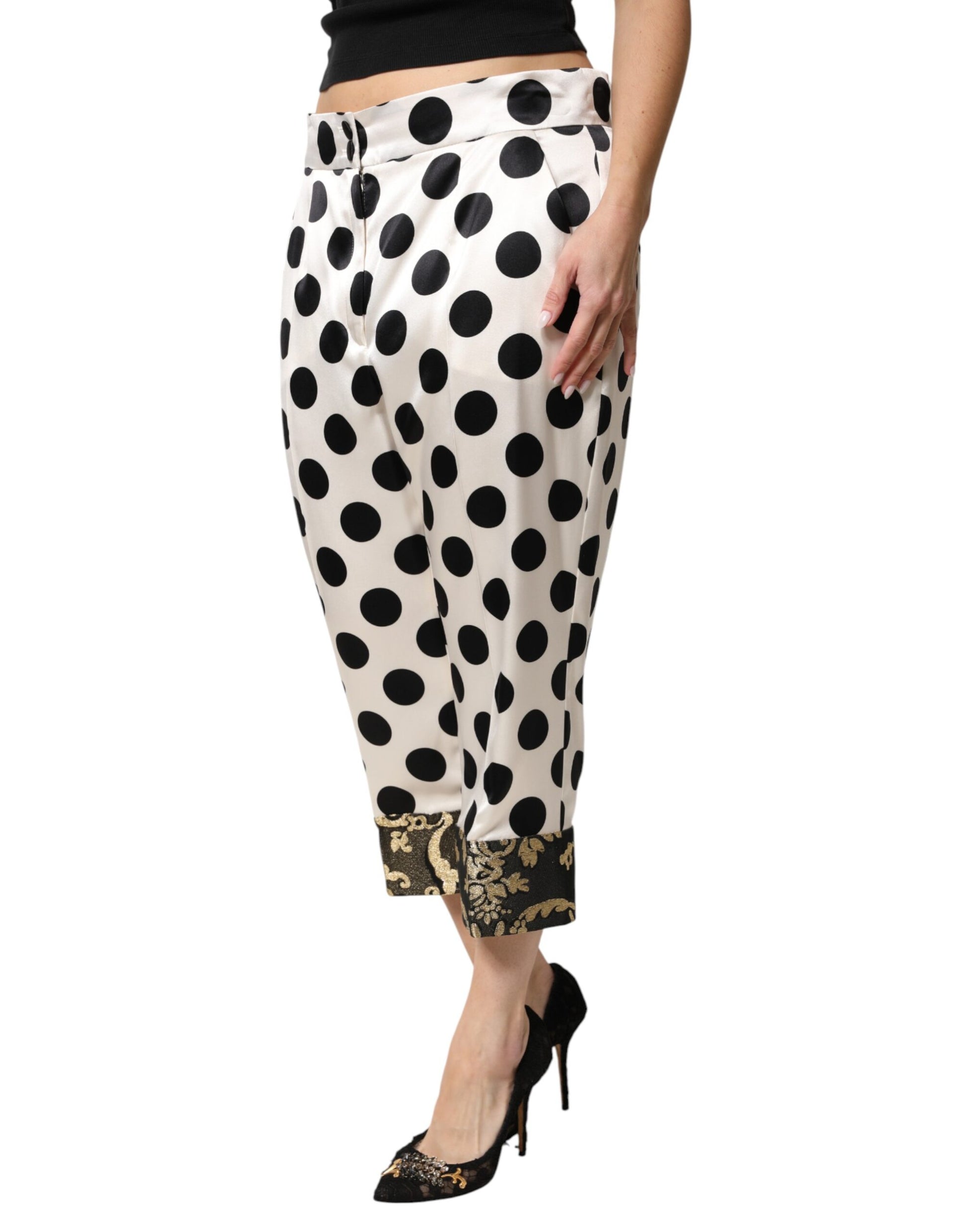 Dolce & Gabbana White Black Polka Dot Silk Mid Waist Cropped Pants | Regal Royce
