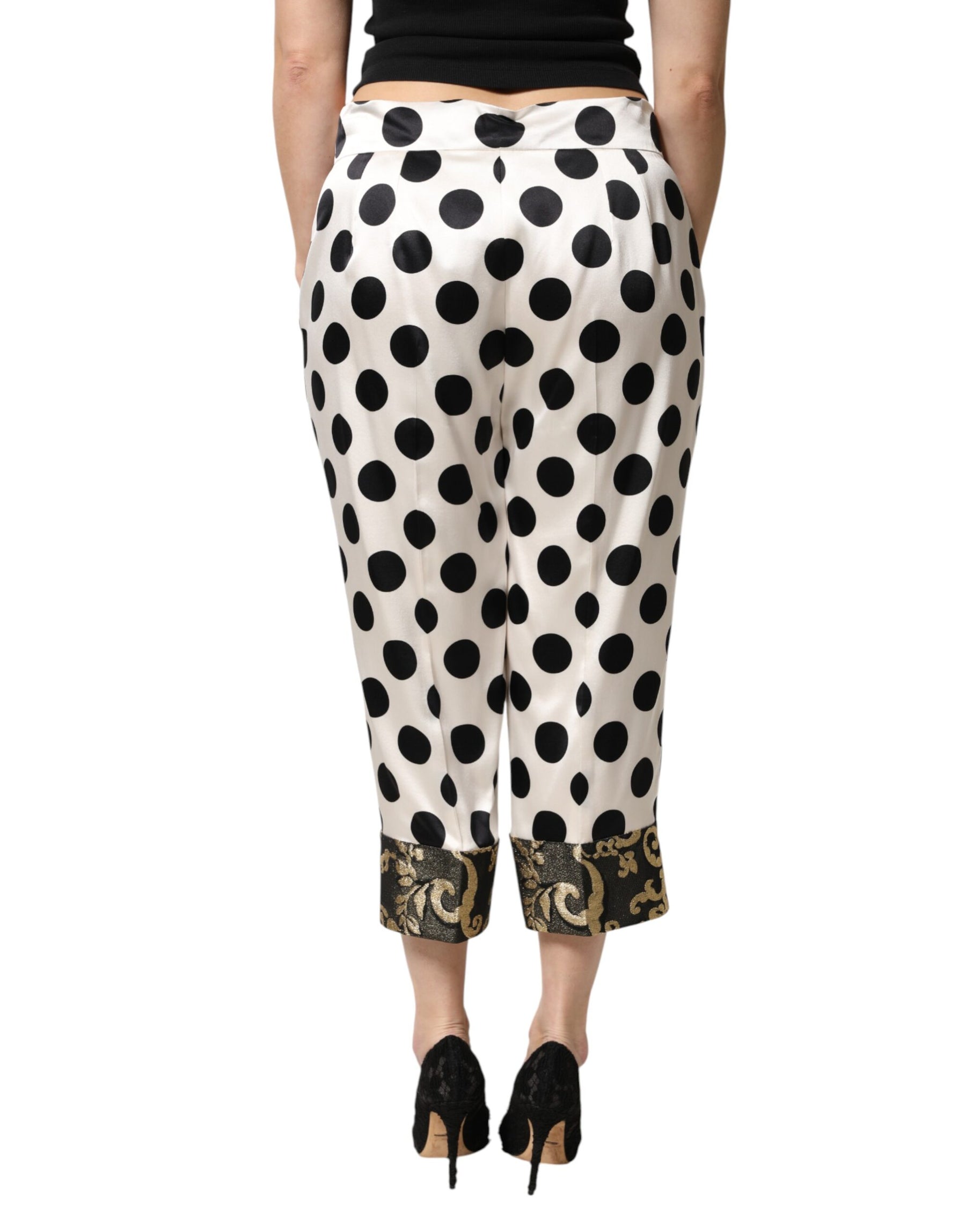 Dolce & Gabbana White Black Polka Dot Silk Mid Waist Cropped Pants | Regal Royce