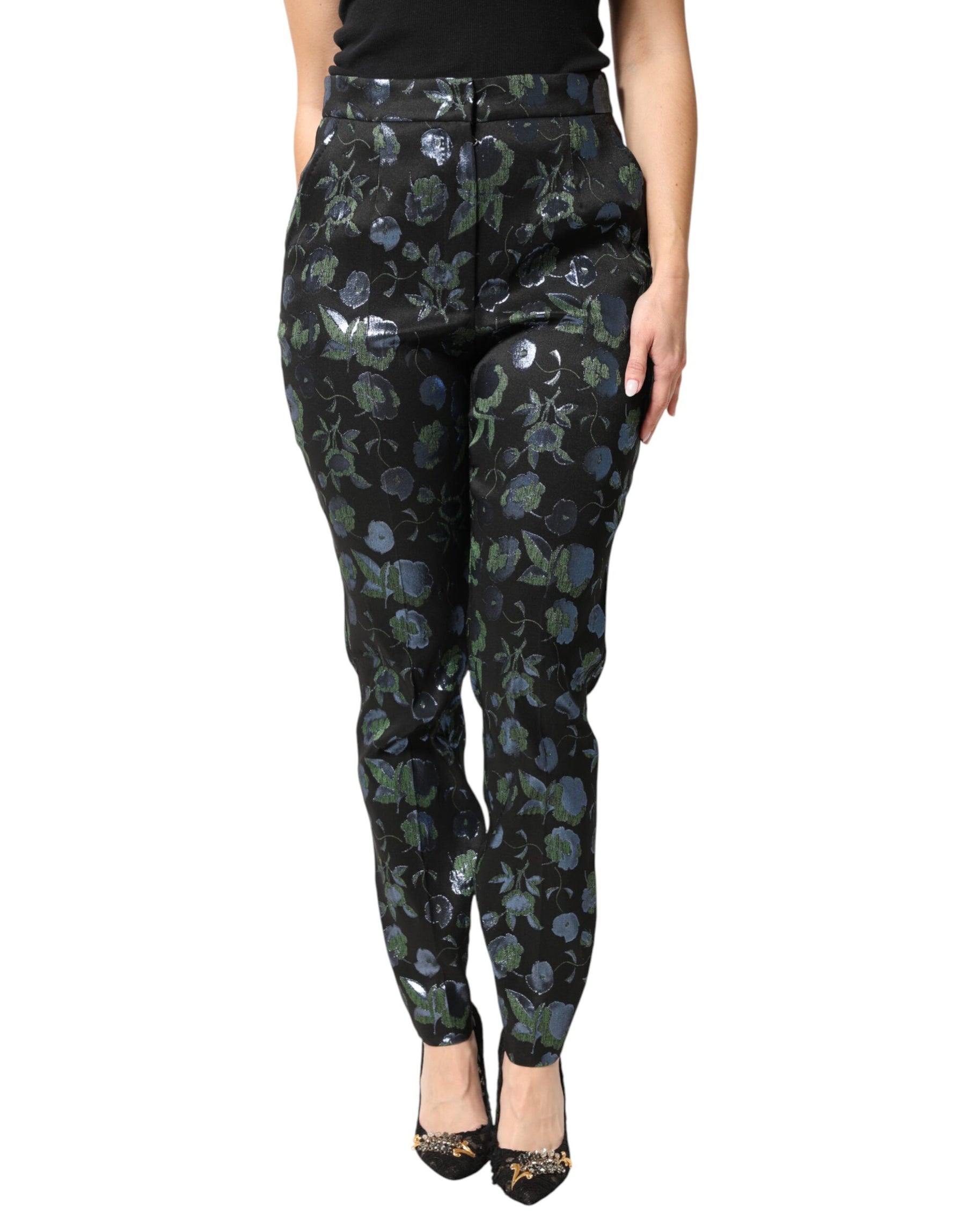 Dolce & Gabbana BlueGreen Floral Metallic Slim Trouser Pants | Regal Royce