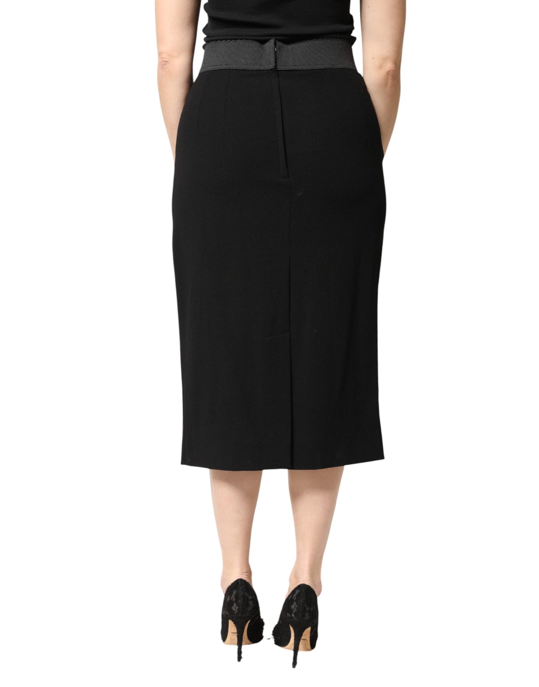 Dolce & Gabbana Black Wool High Waist Pencil Cut Midi Skirt | Regal Royce