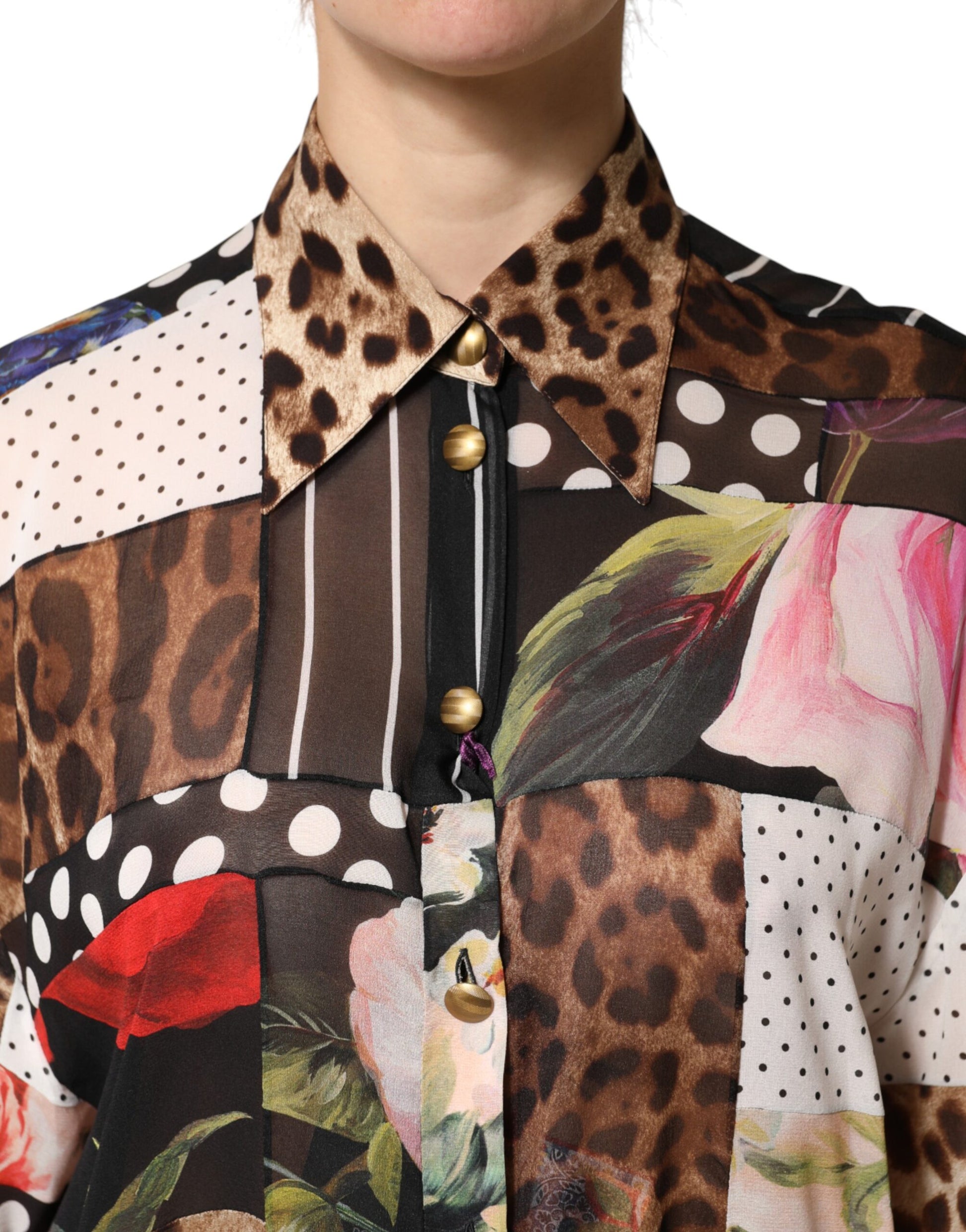 Dolce & Gabbana Multicolor Patchwork Silk CollaredBlouse Top | Regal Royce