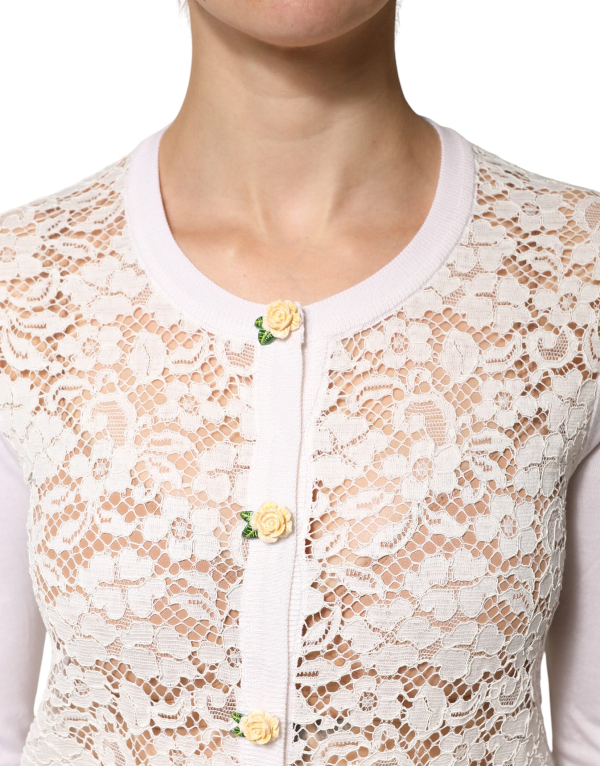 Dolce & Gabbana Cream Lace Knit Rose Button Cardigan Sweater | Regal Royce