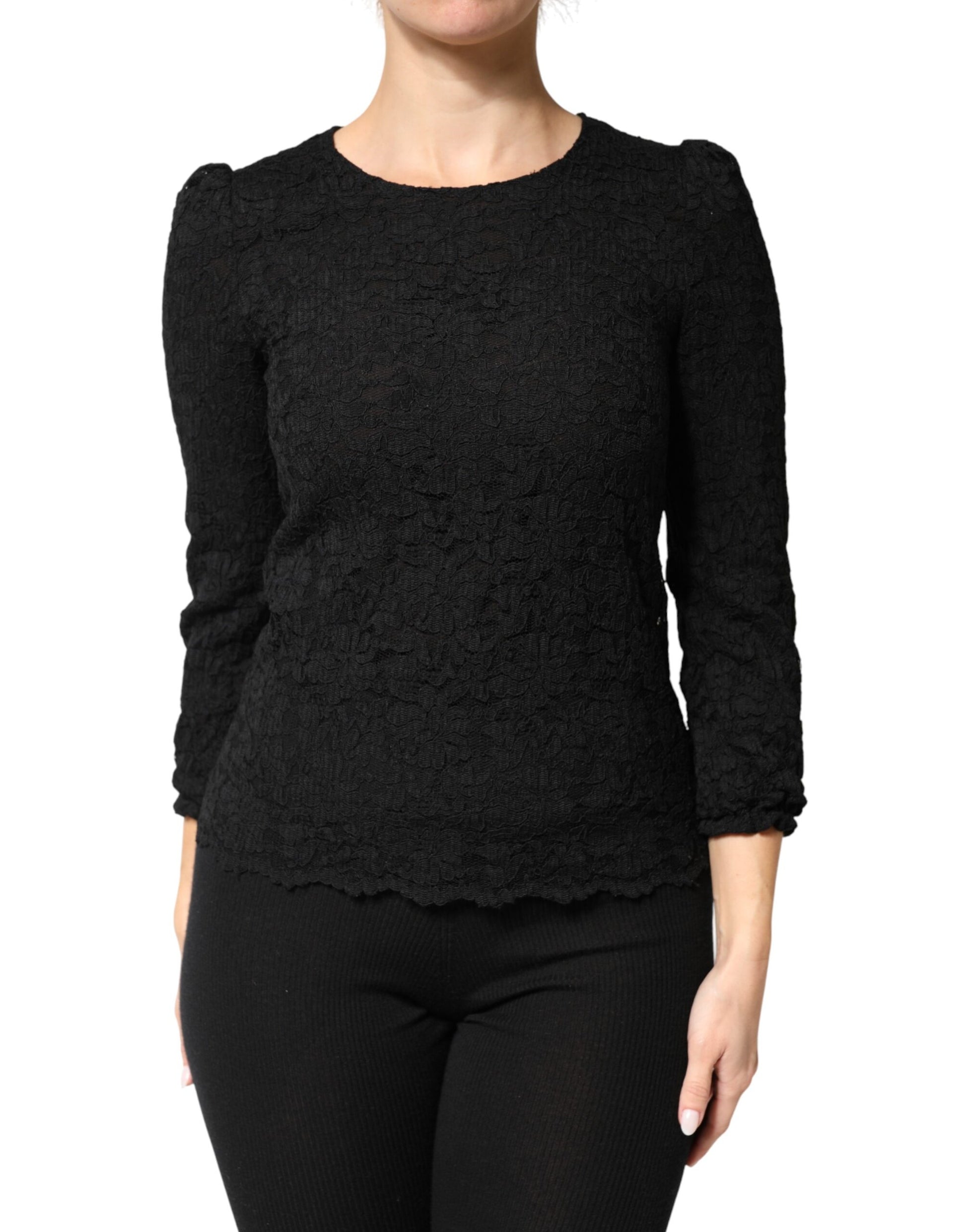 Dolce & Gabbana Black Floral Lace Silk Round Neck Blouse Top | Regal Royce